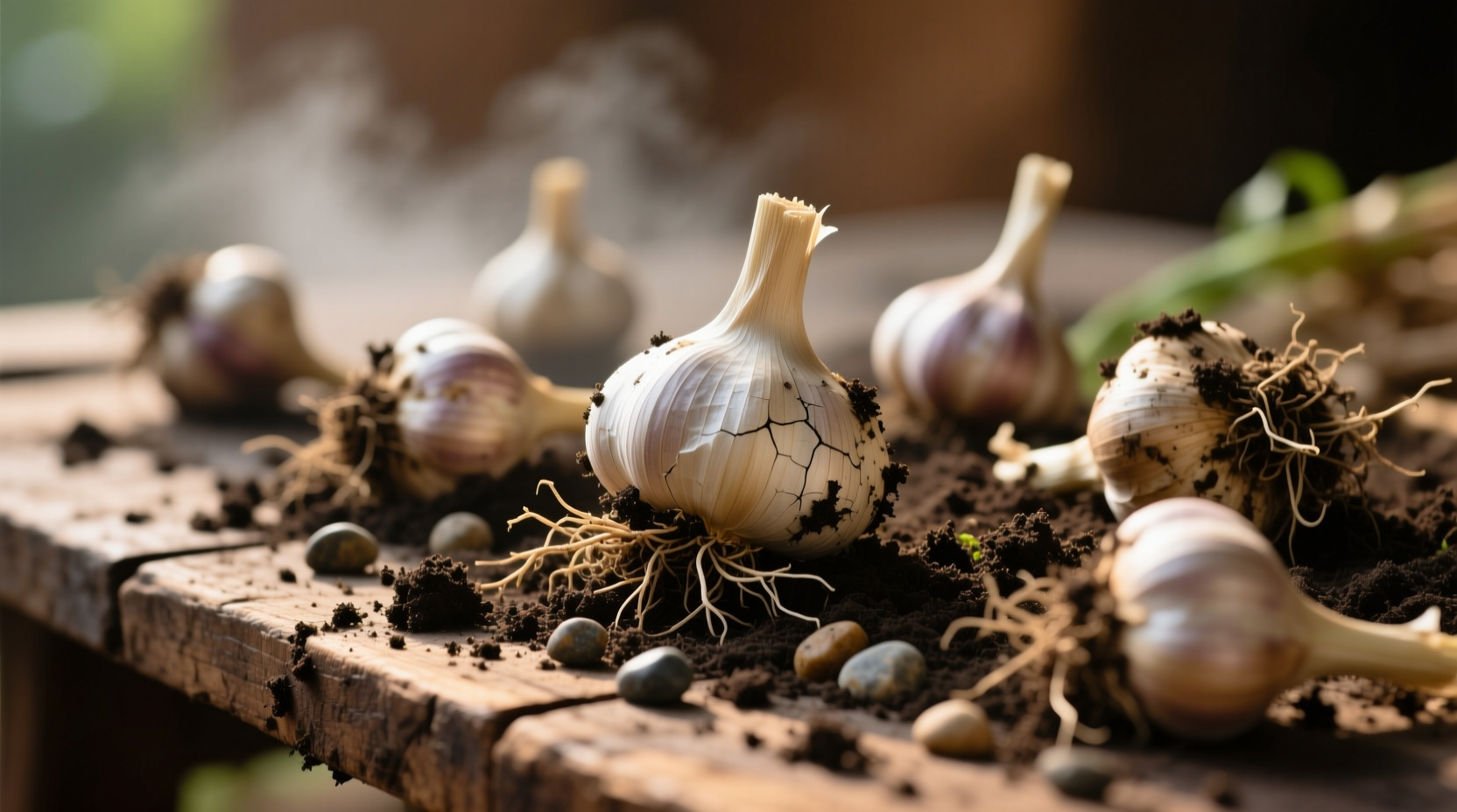 Freshly harvested Indian garlic bulbs with soil
