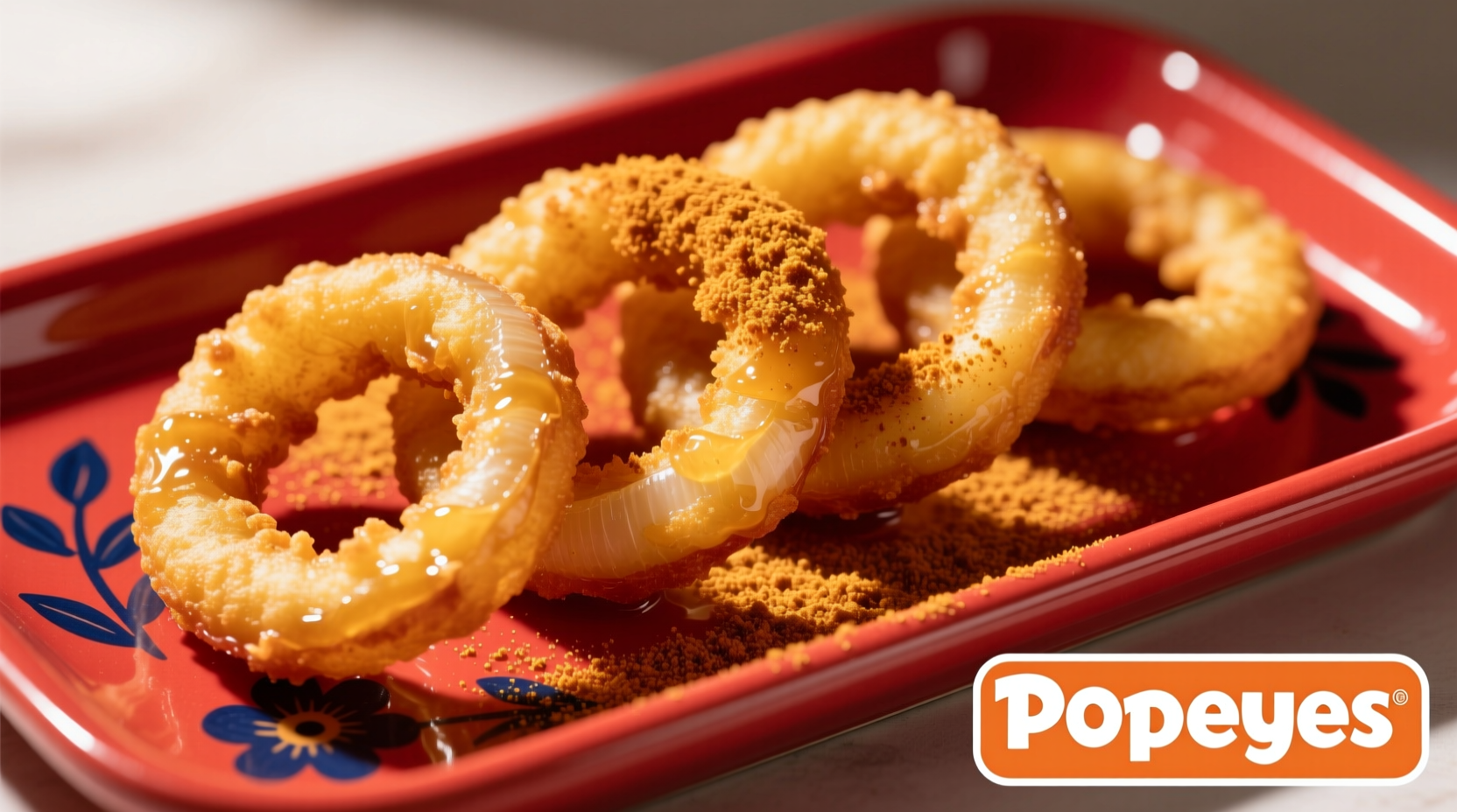 Golden crispy Popeyes onion rings on red tray