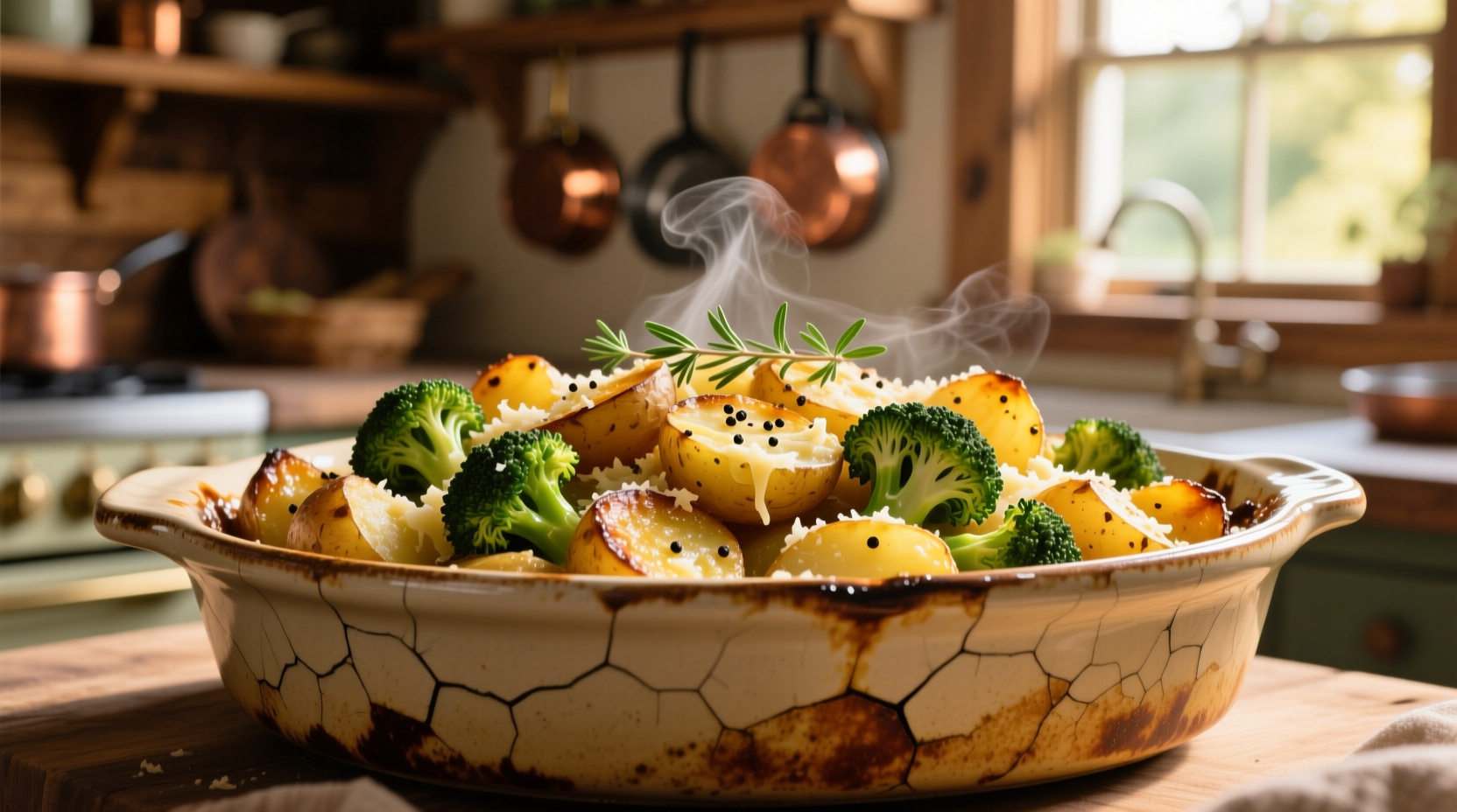 Golden potato broccoli bake in ceramic dish
