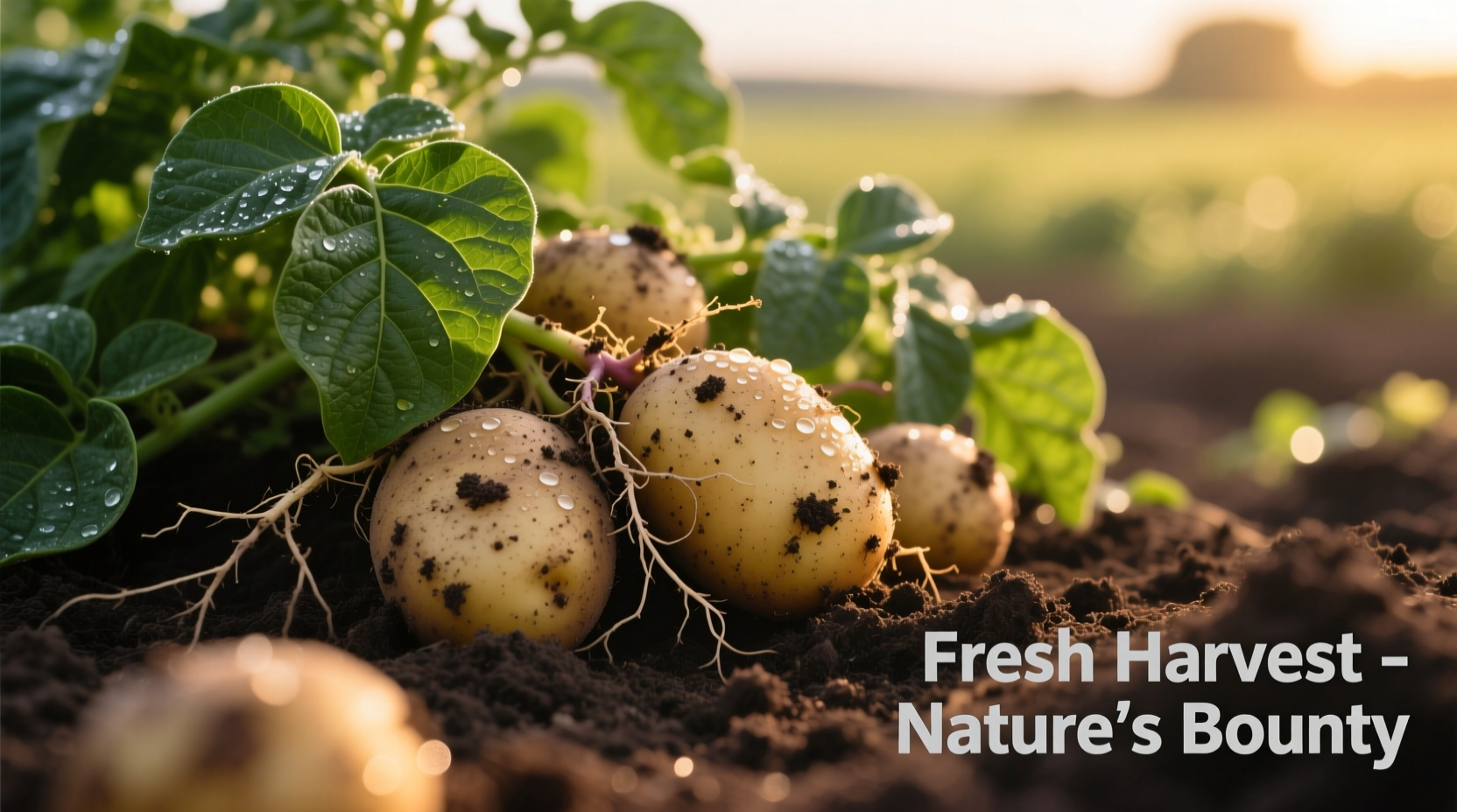 Freshly harvested potatoes in soil with green leaves