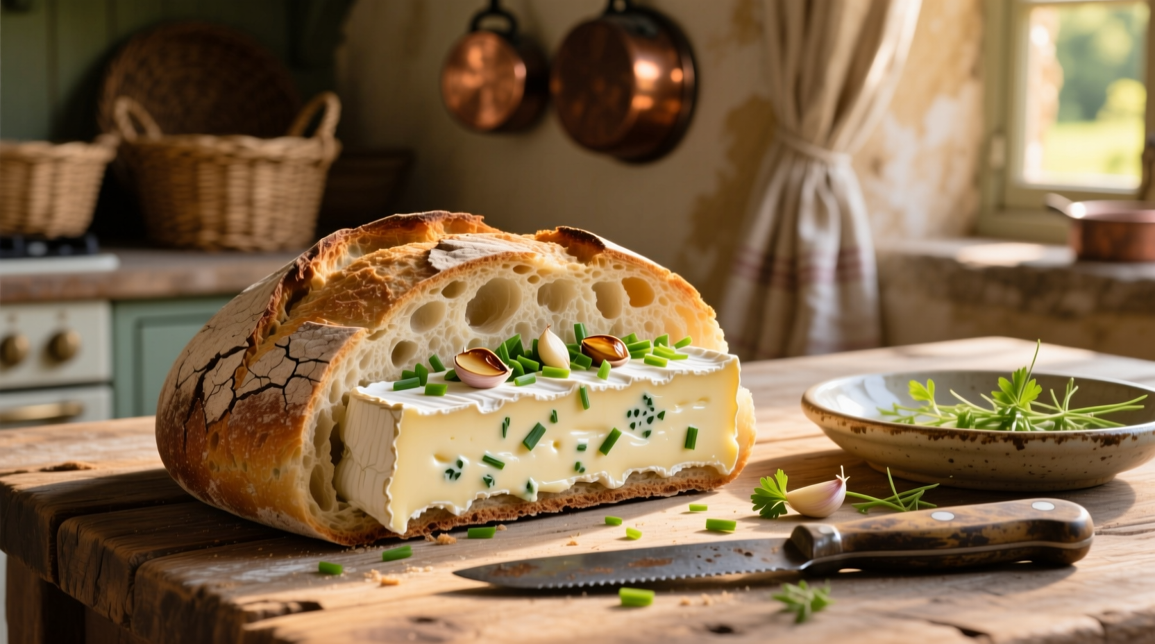 Boursin garlic and herb cheese spread on rustic bread