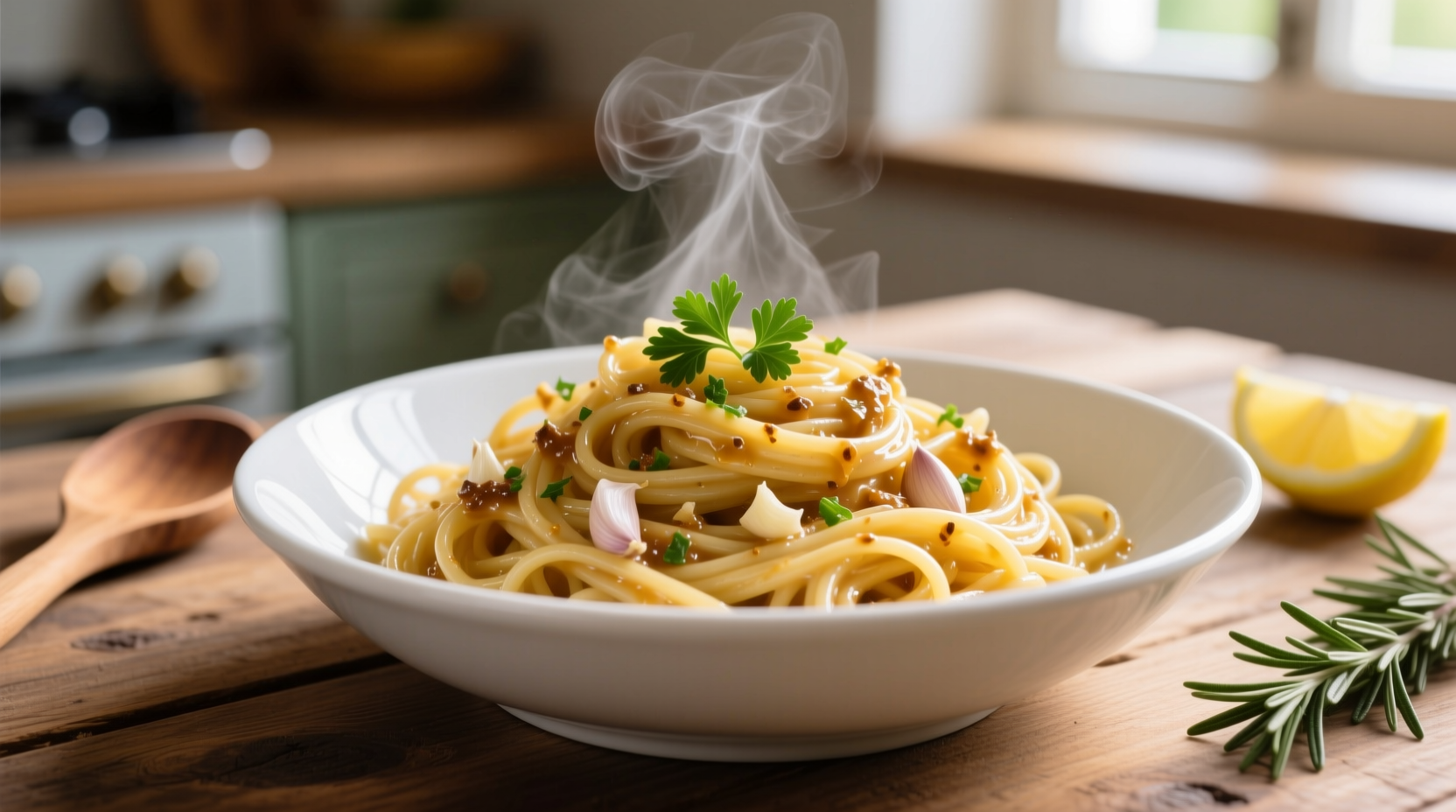 Fresh garlic butter pasta in white ceramic bowl