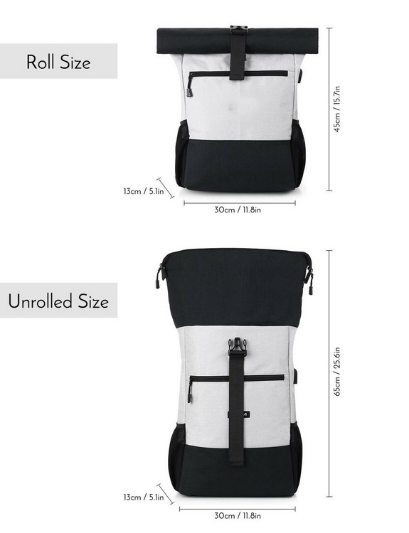 تصميم جيد حقيبة ظهر rpet لفة أعلى دائم التصميم نشمر على ظهره مع منفذ شاحن USB