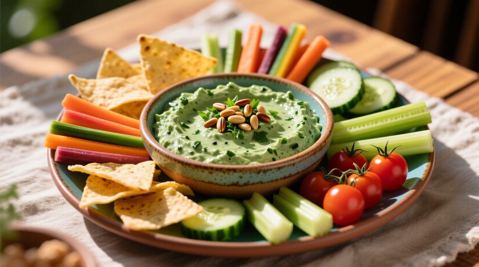 Colorful platter of spinach dip with various dippers