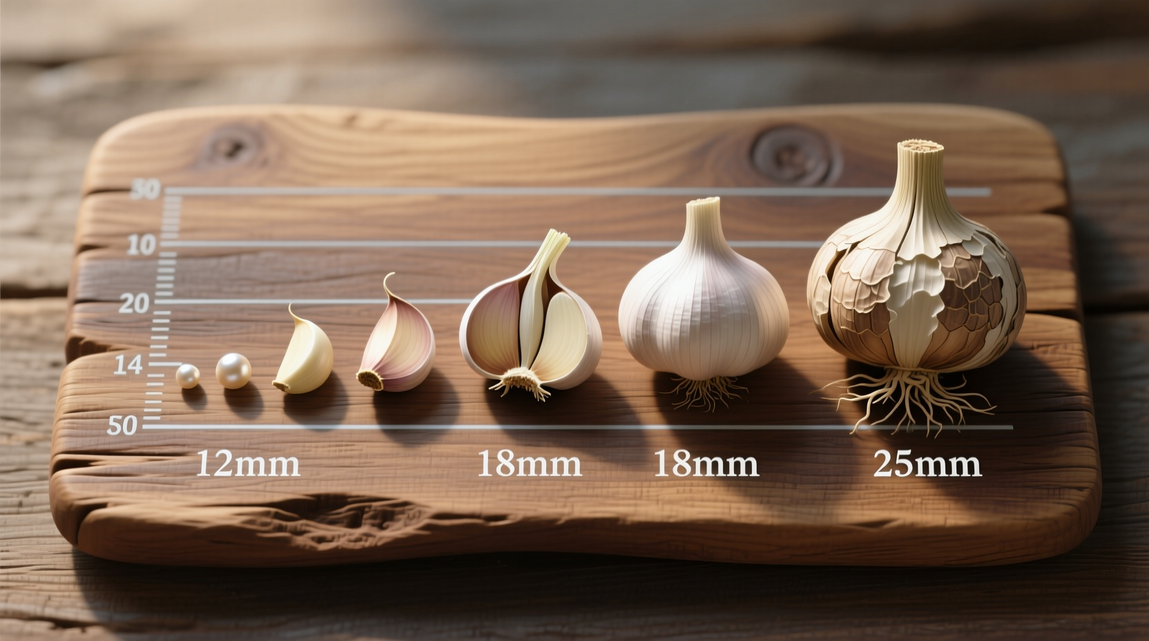 Garlic clove size comparison chart on wooden board