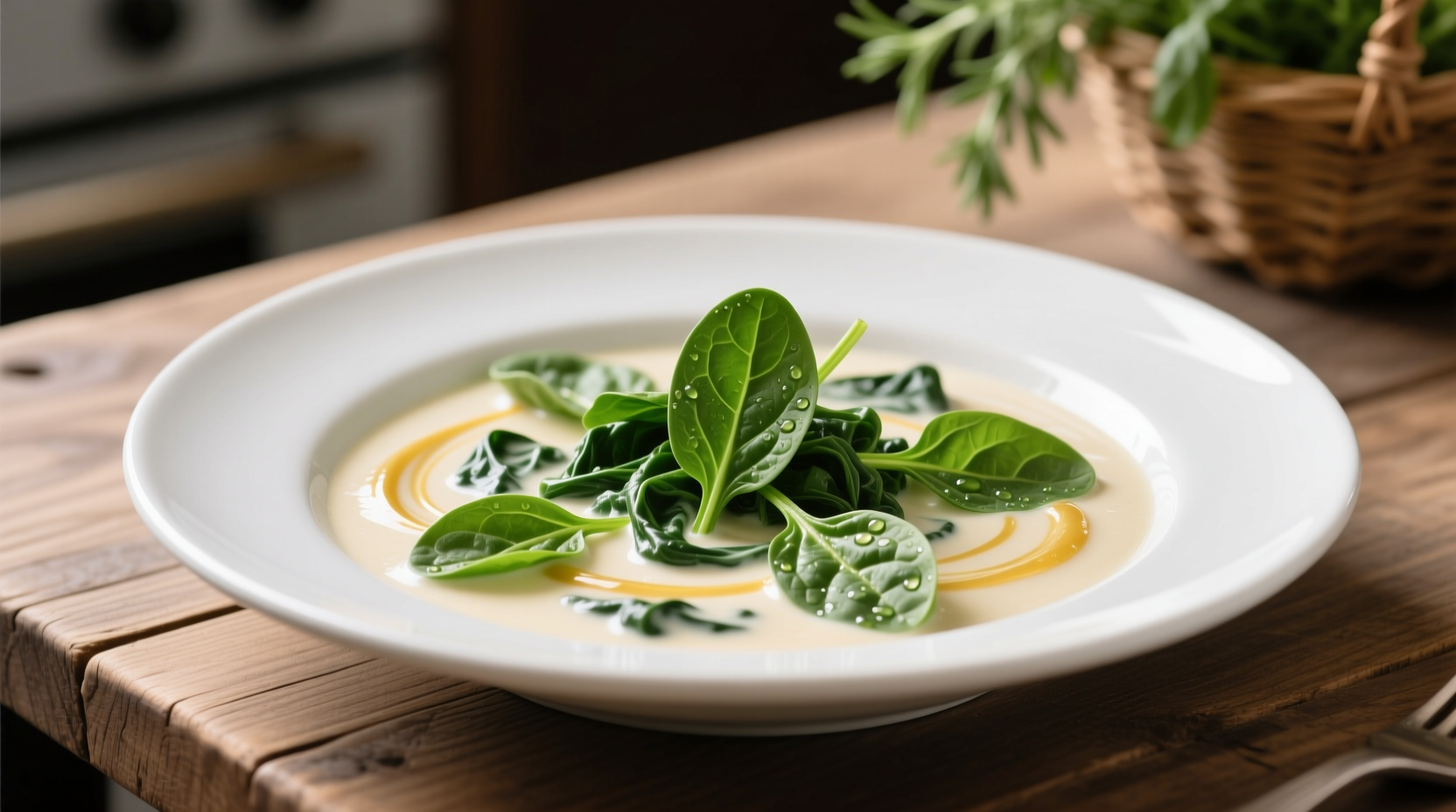 Creamed spinach in white ceramic dish with fresh spinach garnish