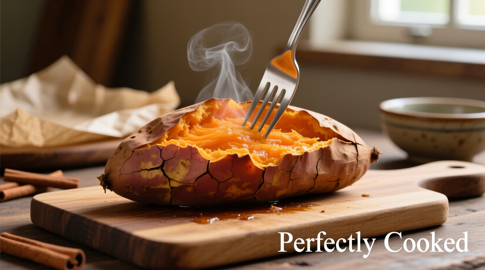 Perfectly cooked sweet potato with fork showing tender interior
