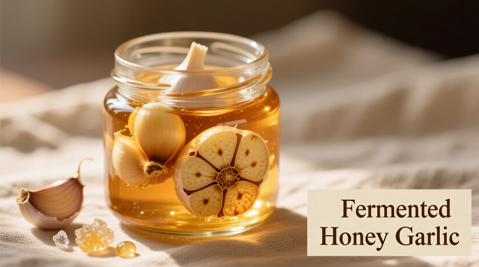 Fermented honey garlic in glass jar with cloves