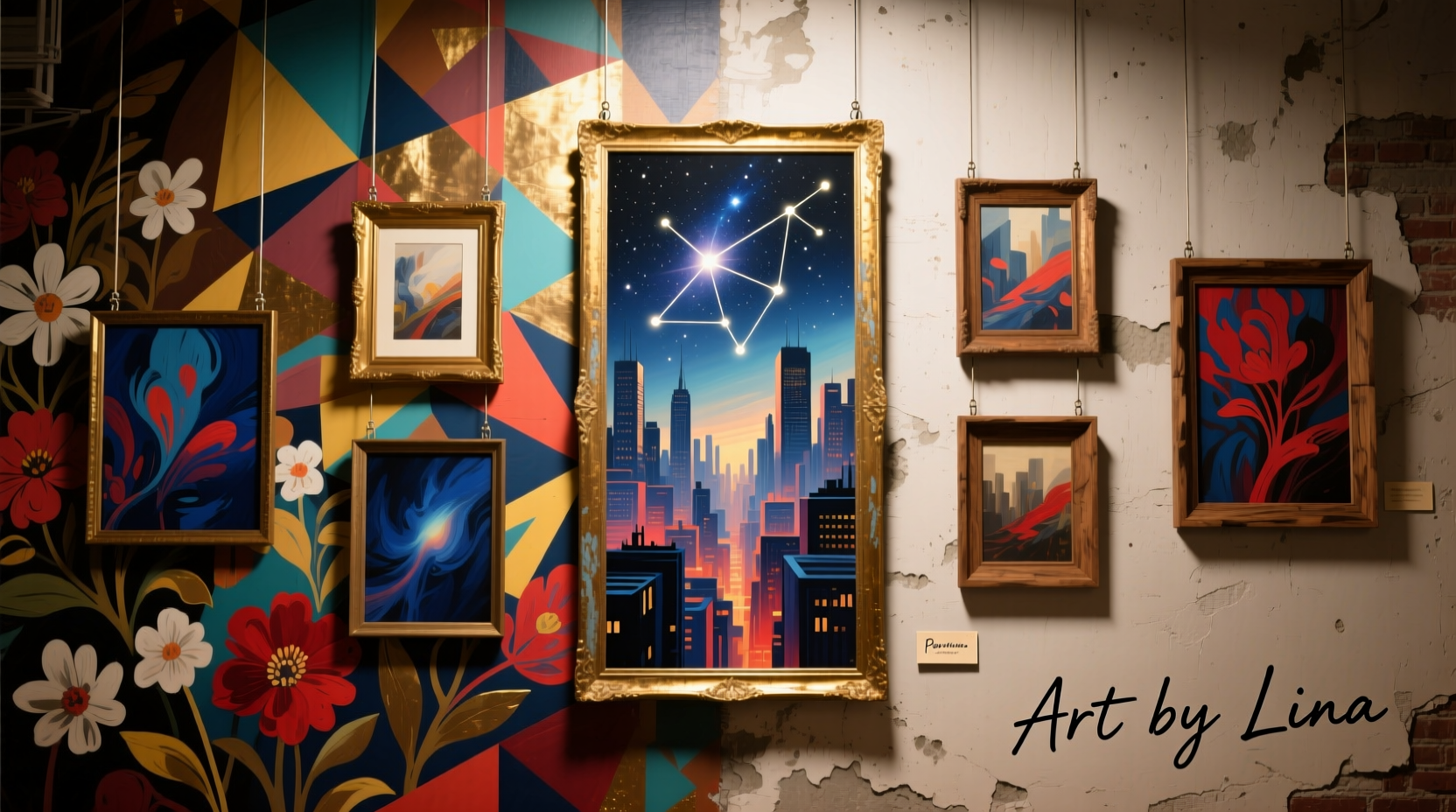 step by step guide to designing a stunning mural style background with hanging paintings