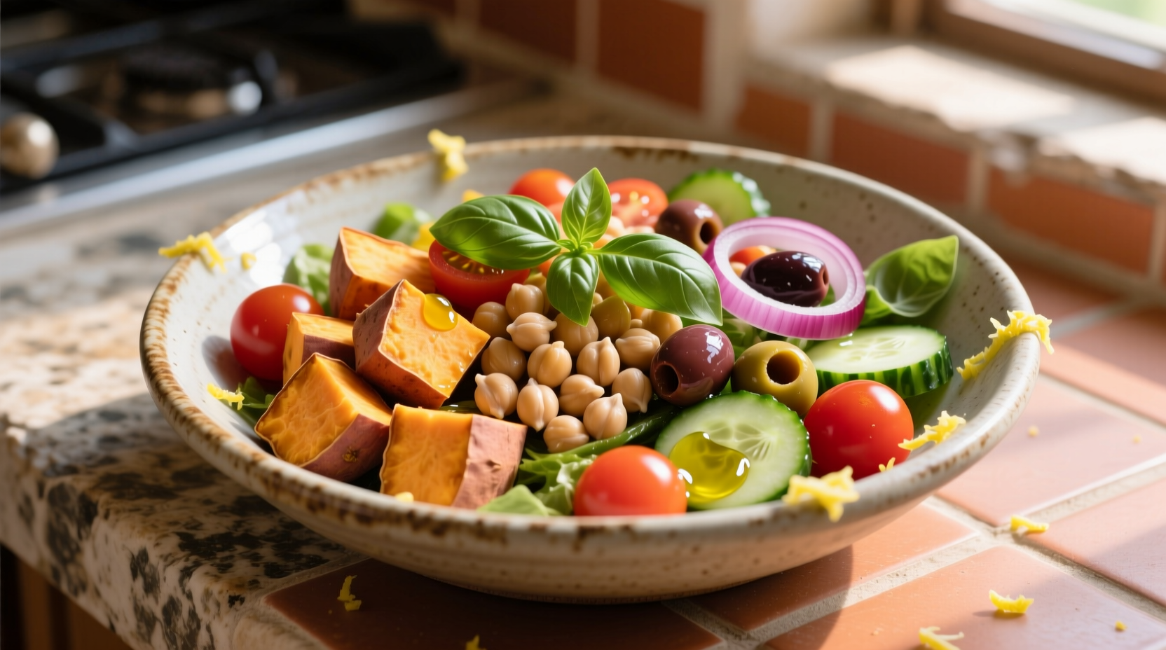 Colorful Mediterranean salad with cubed sweet potatoes and chickpeas