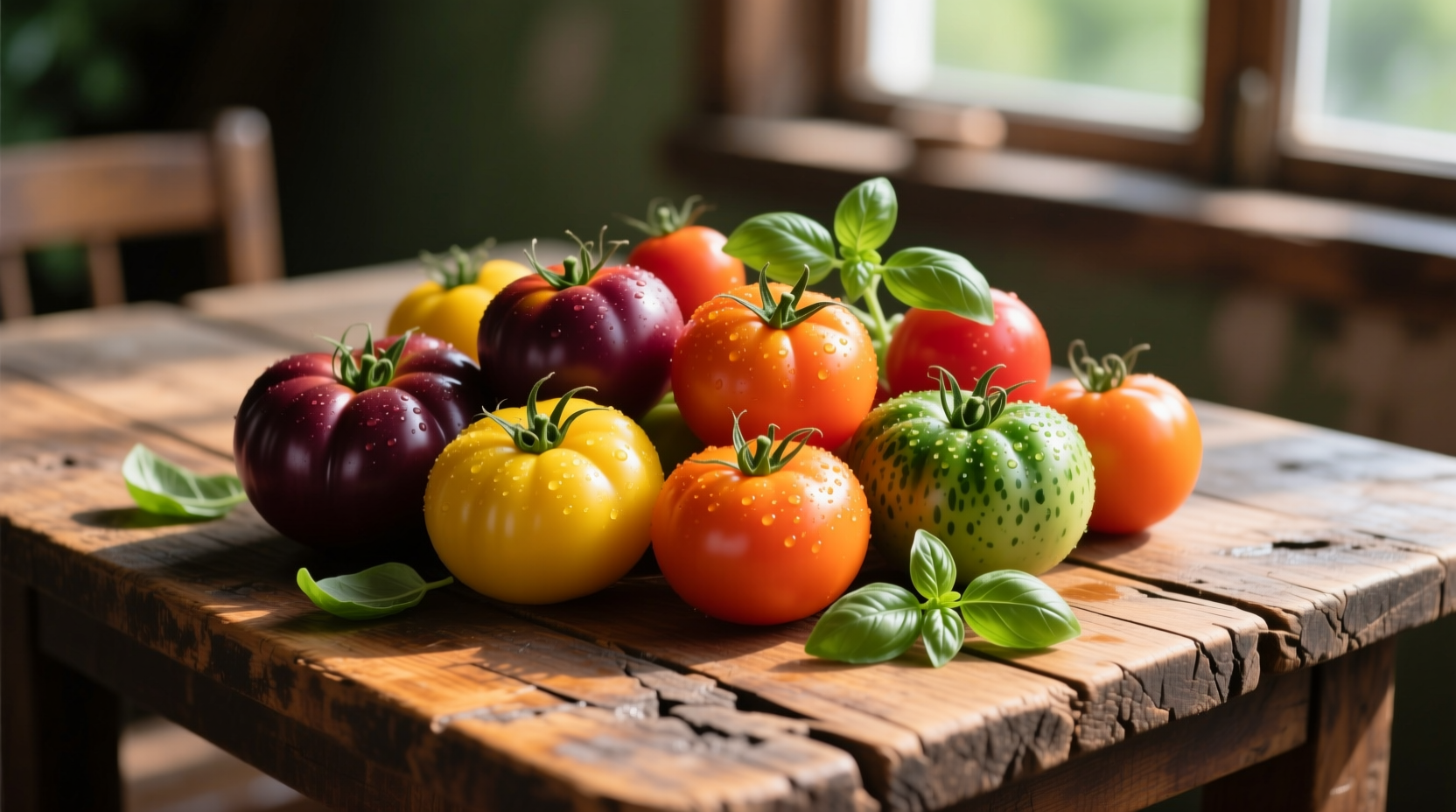 Colorful tomato varieties on wooden table