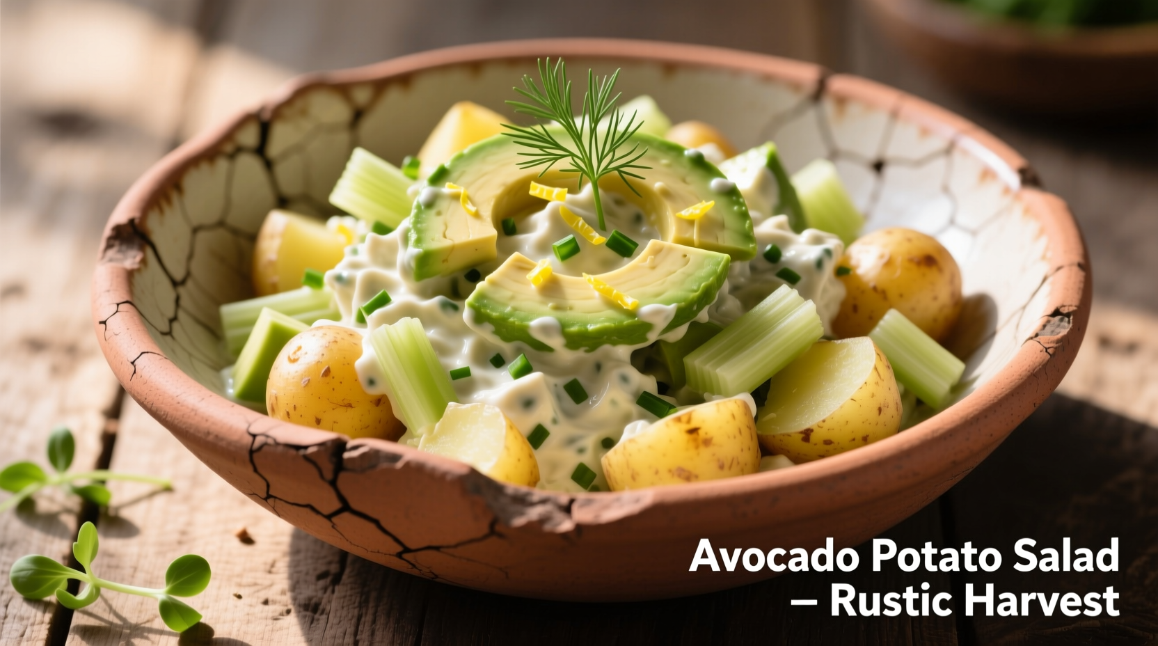 Creamy avocado potato salad in a rustic bowl