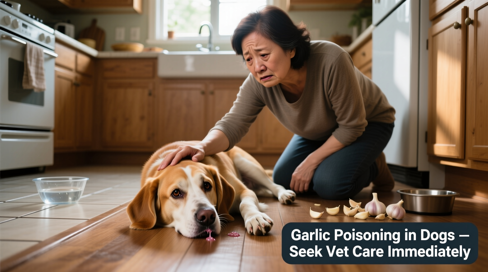 Dog showing signs of garlic poisoning with concerned owner