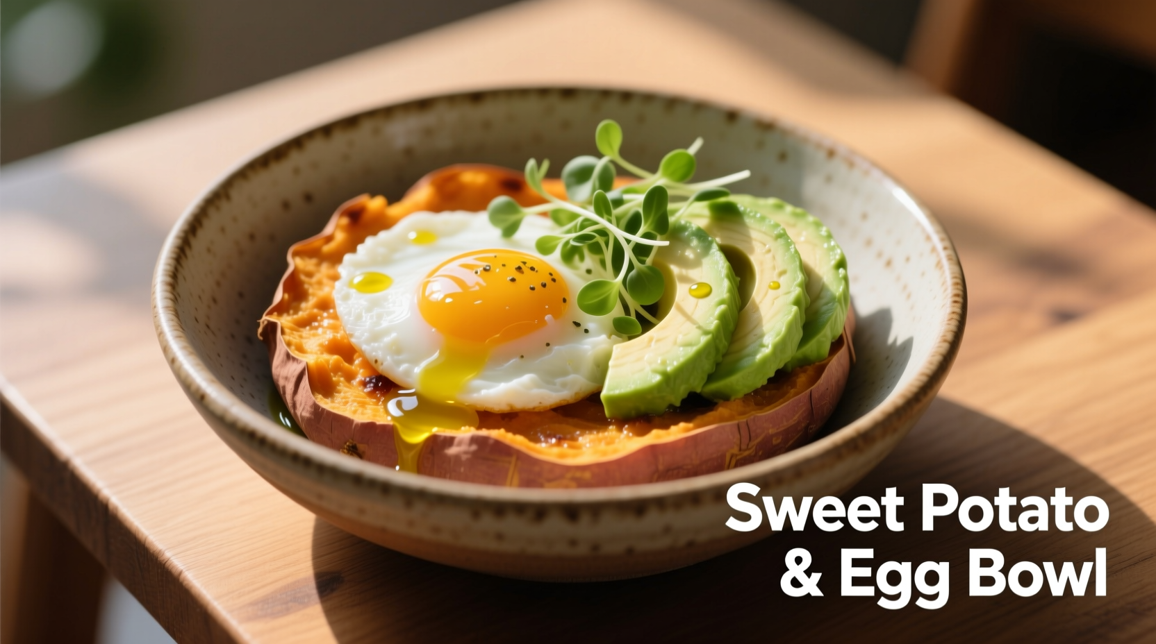Sweet potato and egg breakfast bowl with avocado