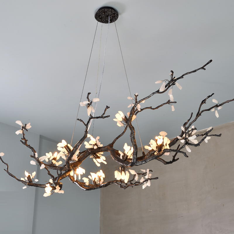 2020 Contemporary LED natural maple leaf copper Glass lighting luxury long  pendant lamp  staircase G9 chandelier villa design