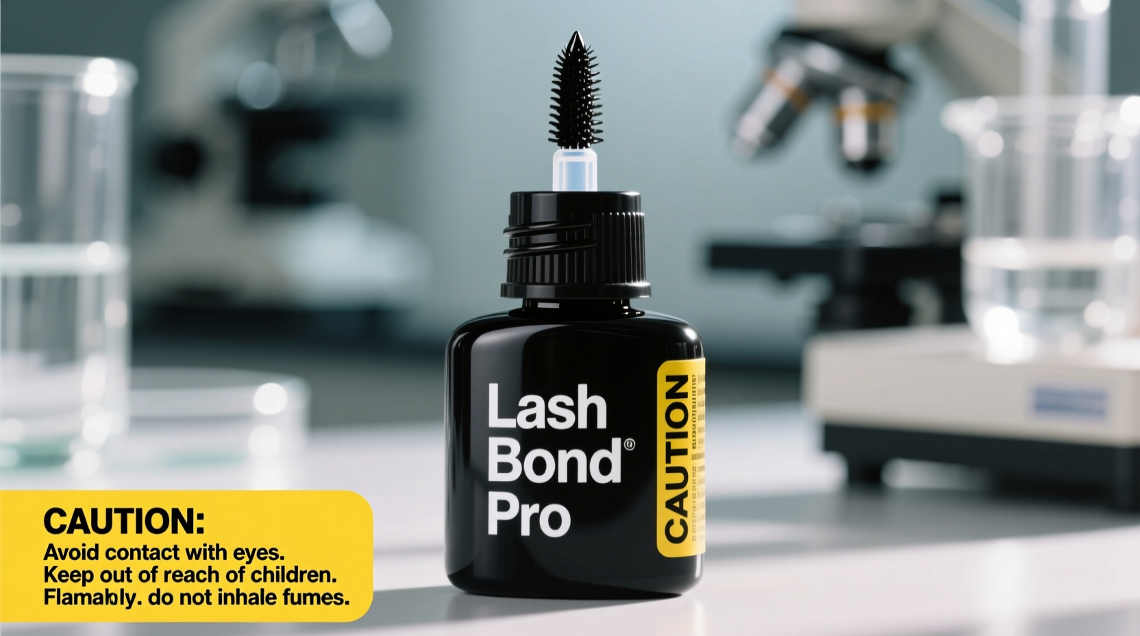 Close-up of professional lash adhesive bottle with safety warnings