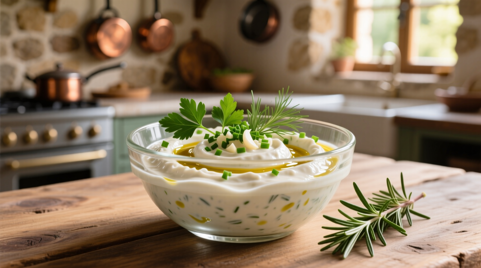Creamy white toum garlic dip in glass bowl with fresh herbs