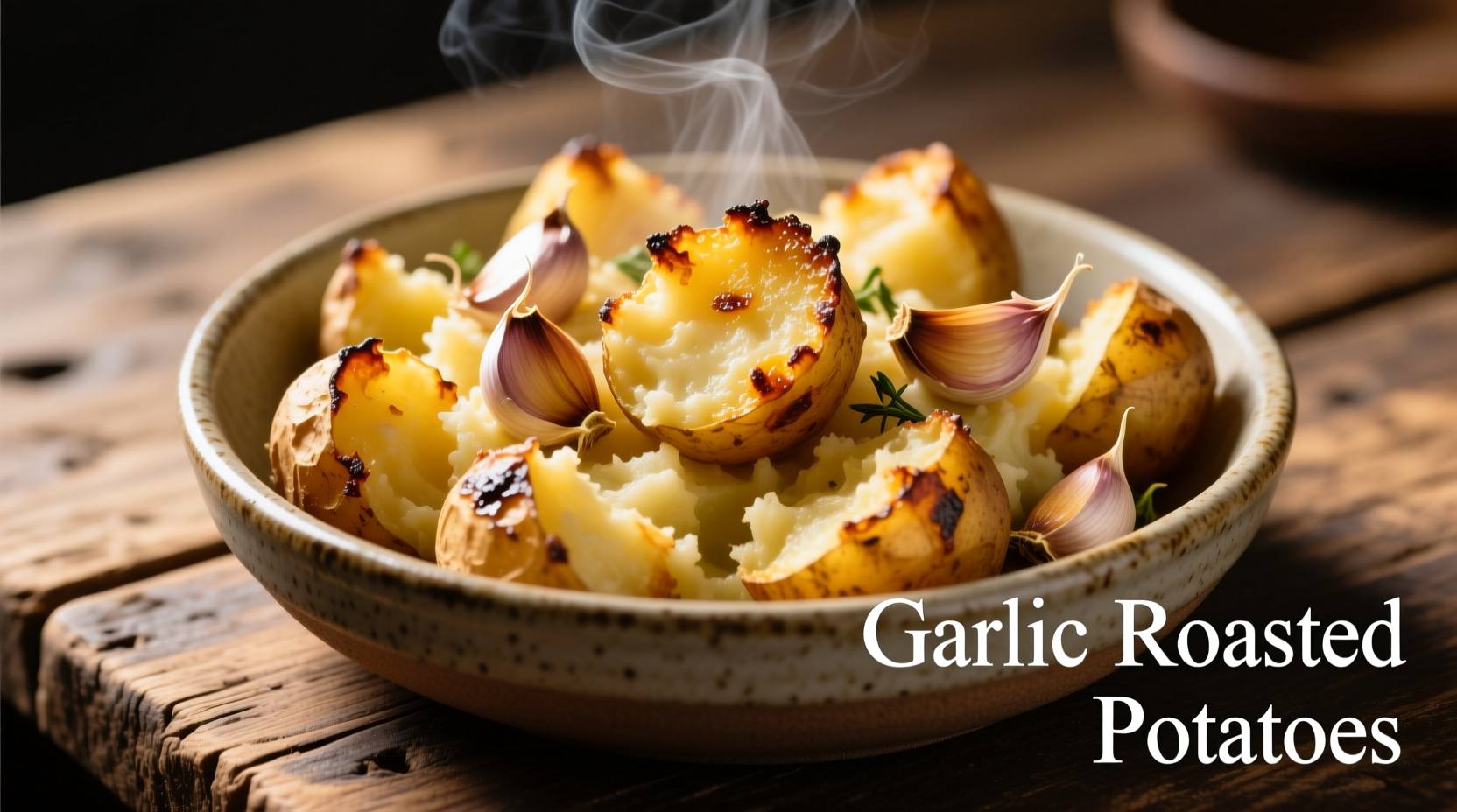 Golden roasted garlic smashed potatoes with crispy edges