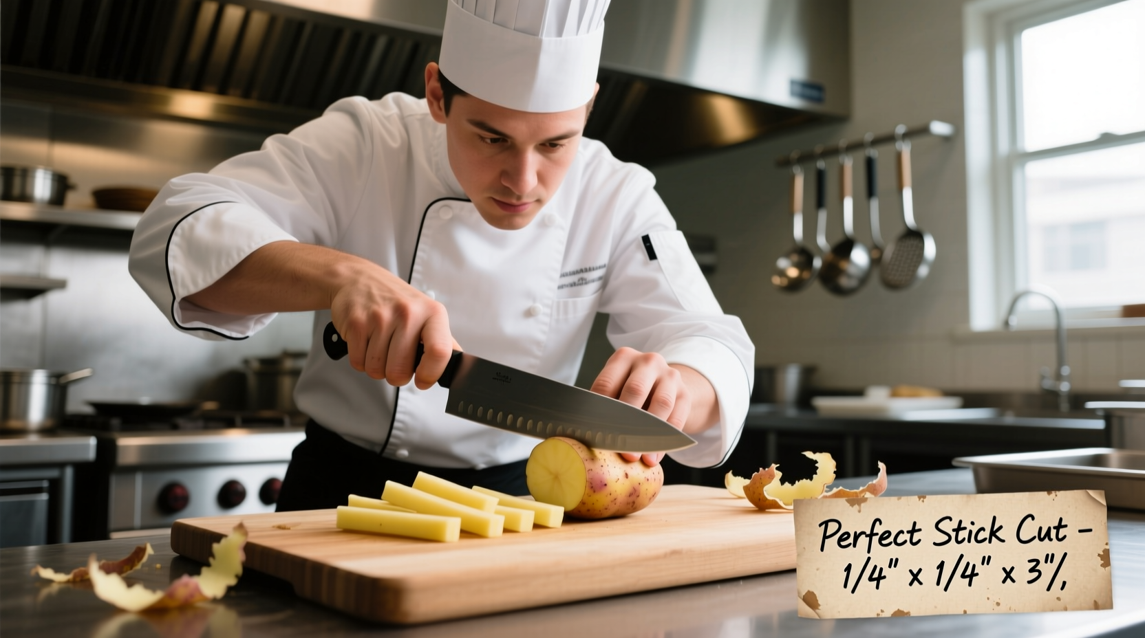 Chef demonstrating proper potato stick cutting technique