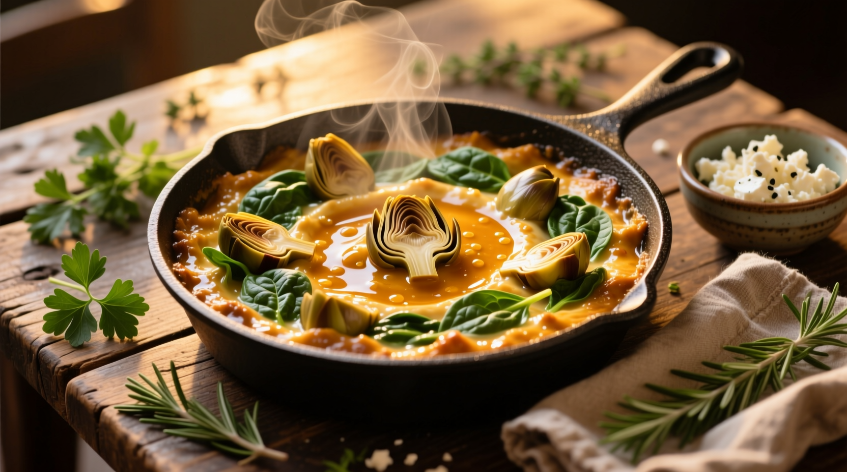 Golden artichoke spinach dip bubbling in cast iron skillet