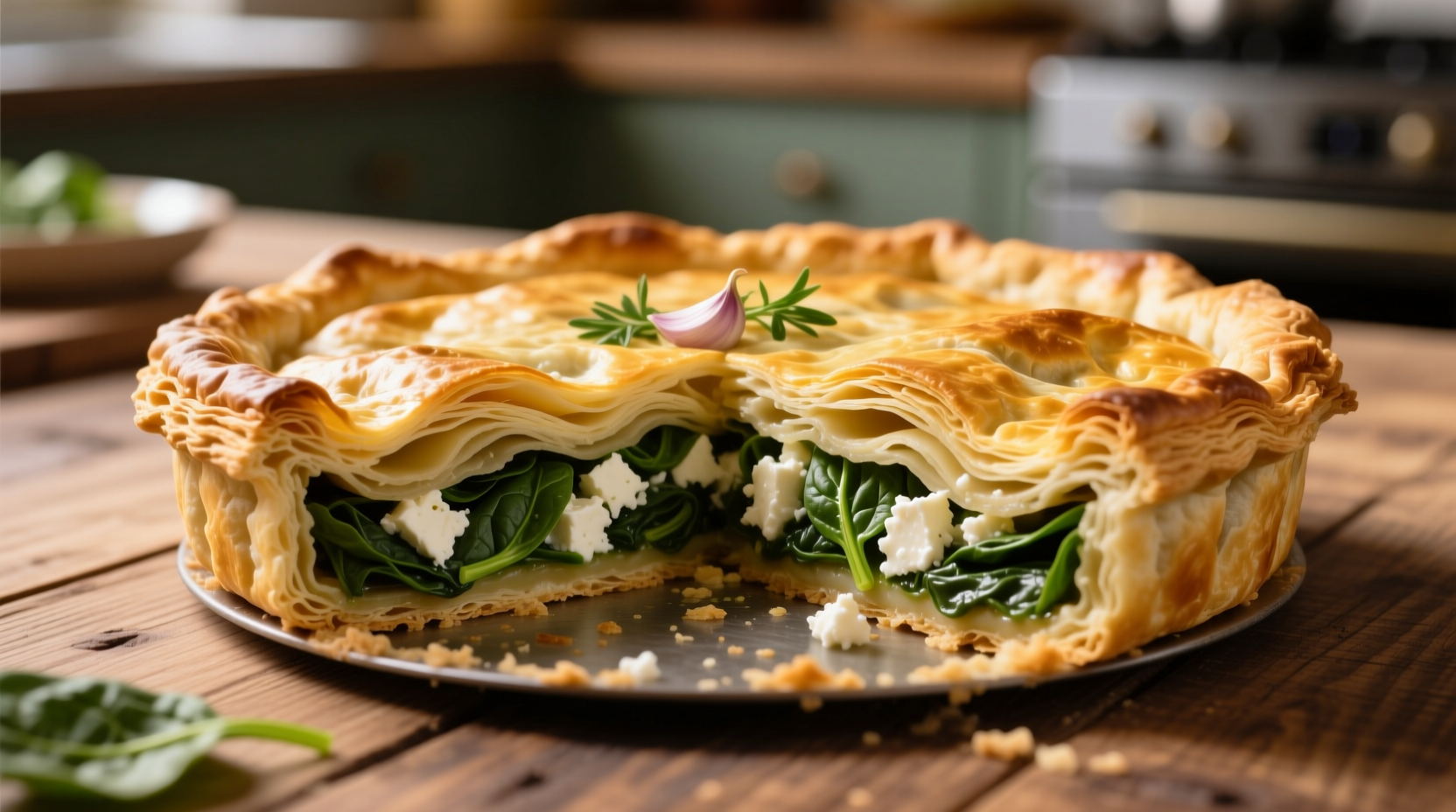 Golden spinach feta pie with flaky layers