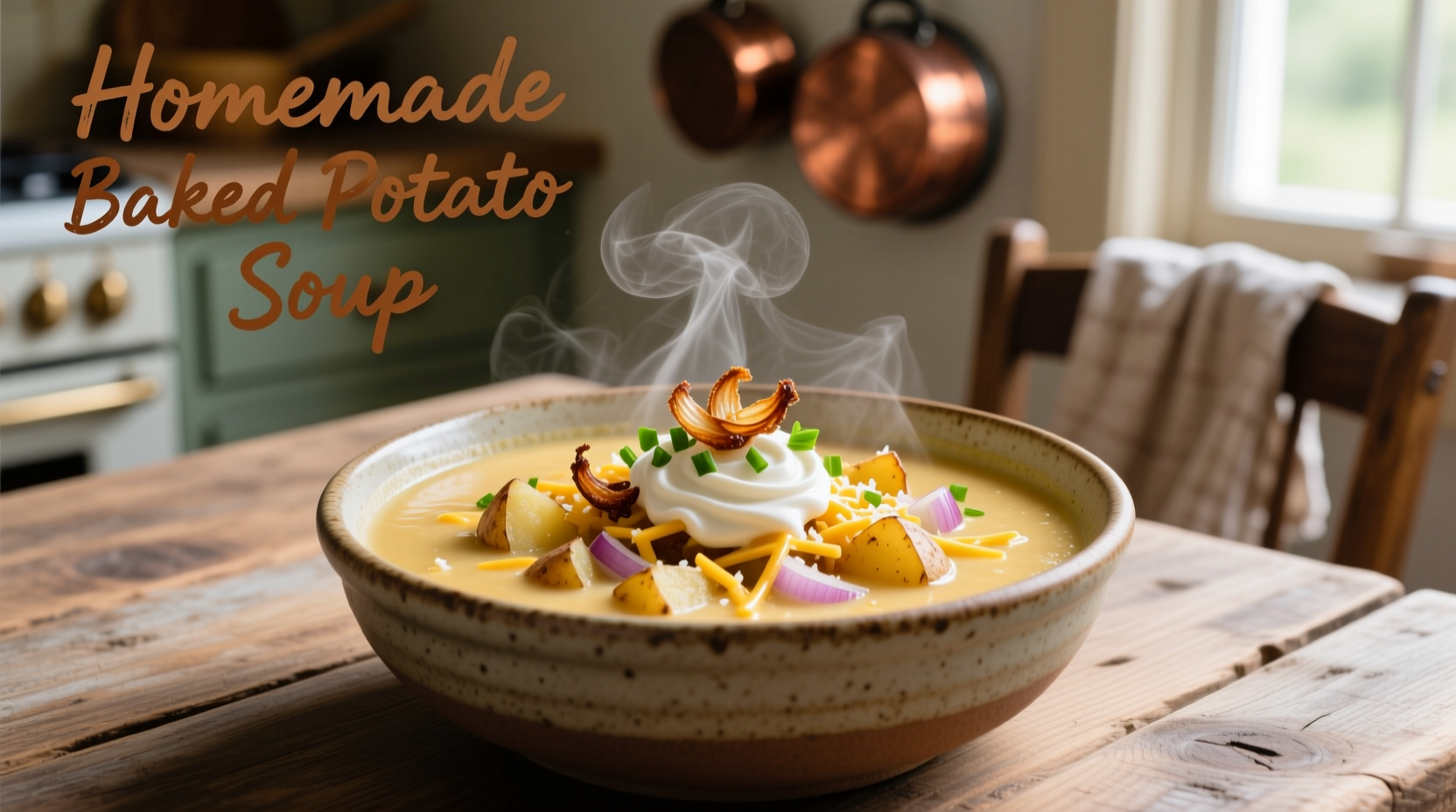 Creamy baked potato soup in bowl with toppings