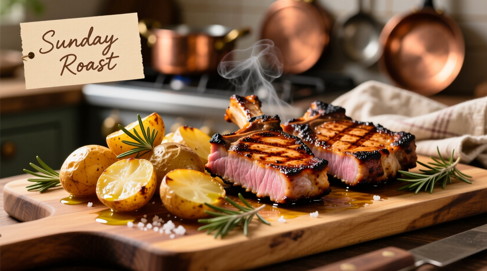 Golden roasted potatoes with perfectly seared pork chops