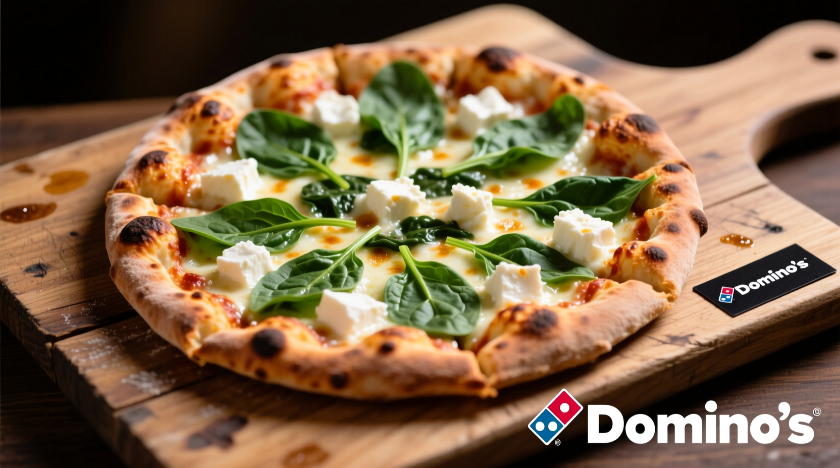 Domino's spinach and feta pizza on a wooden board