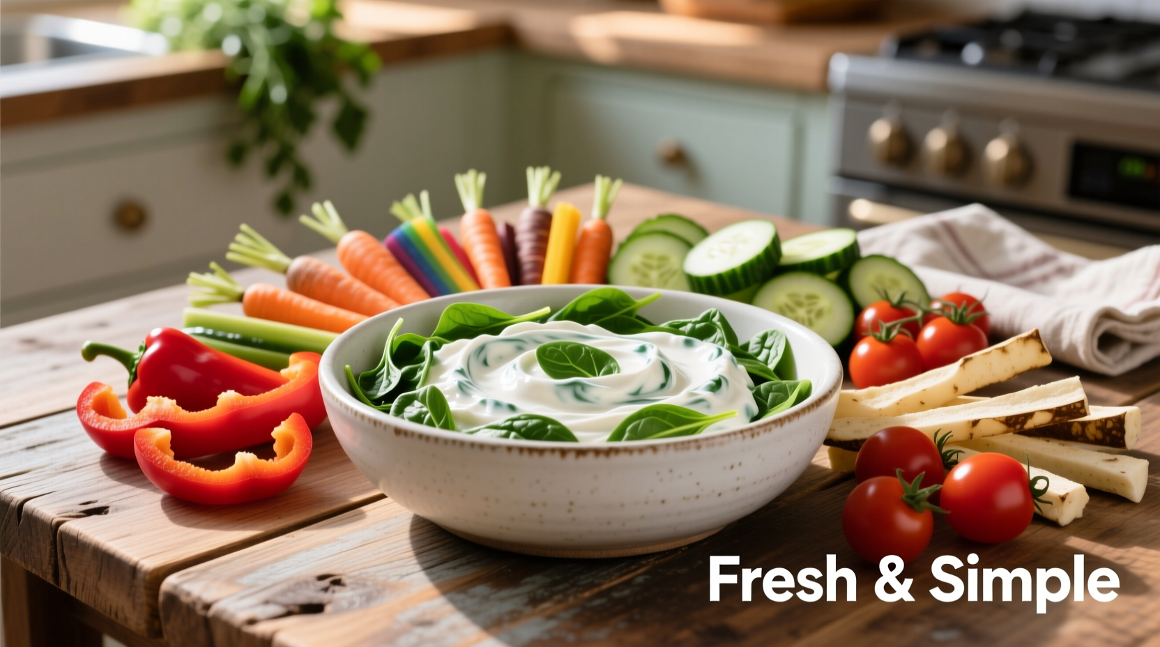 Creamy Greek yogurt spinach dip in white bowl with vegetable dippers