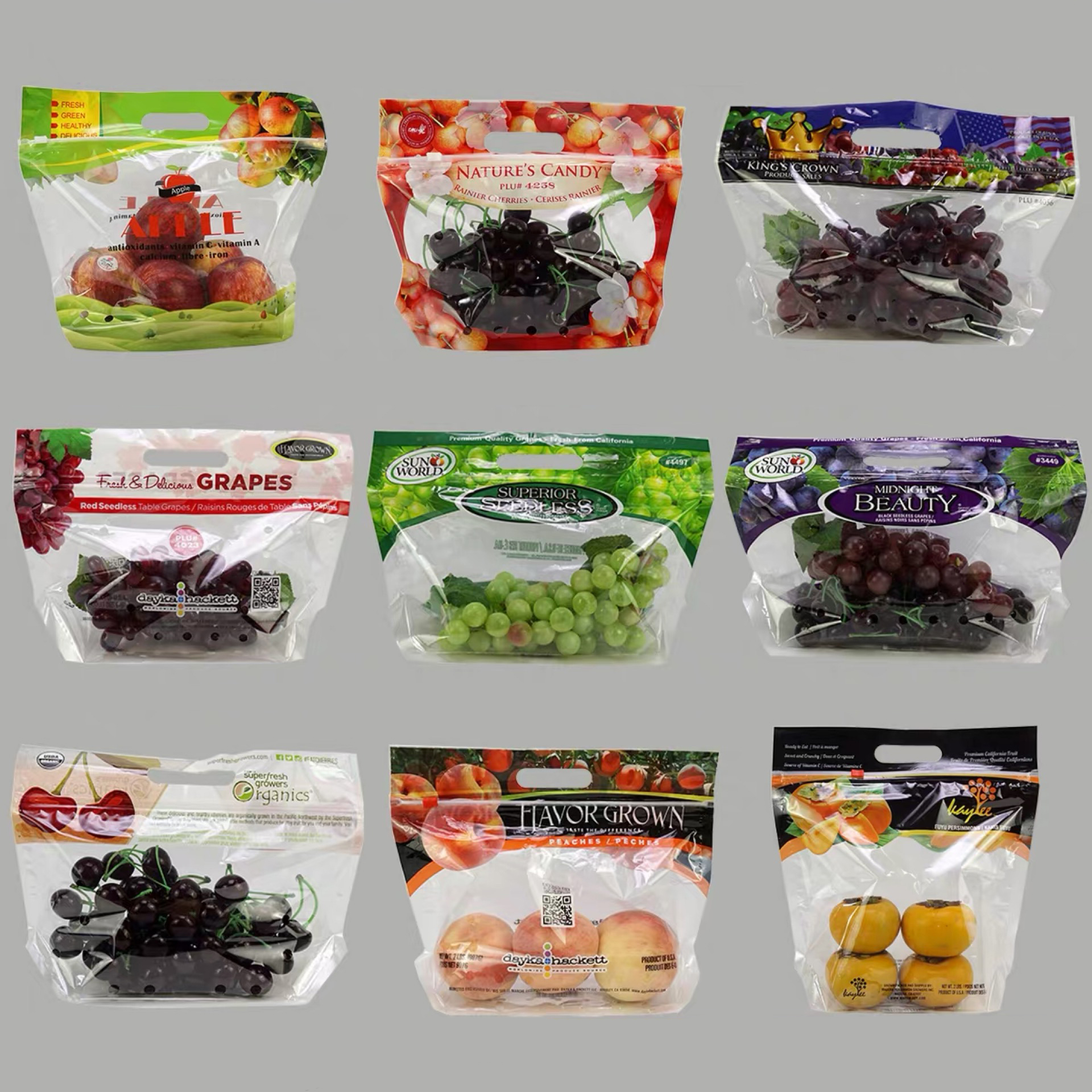 Flat Bottom Fresh Fruit Vegetable Plastic Packing Bag, Dried Cherry Pouch, Supermarket Grape Packing Bag