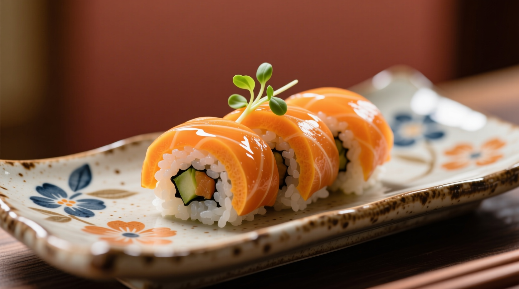 Freshly prepared sweet potato sushi roll on traditional ceramic plate