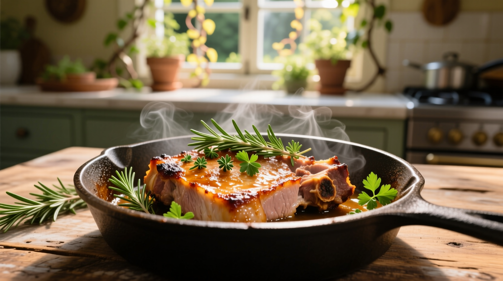 Slow cooked pork chops with fresh herbs