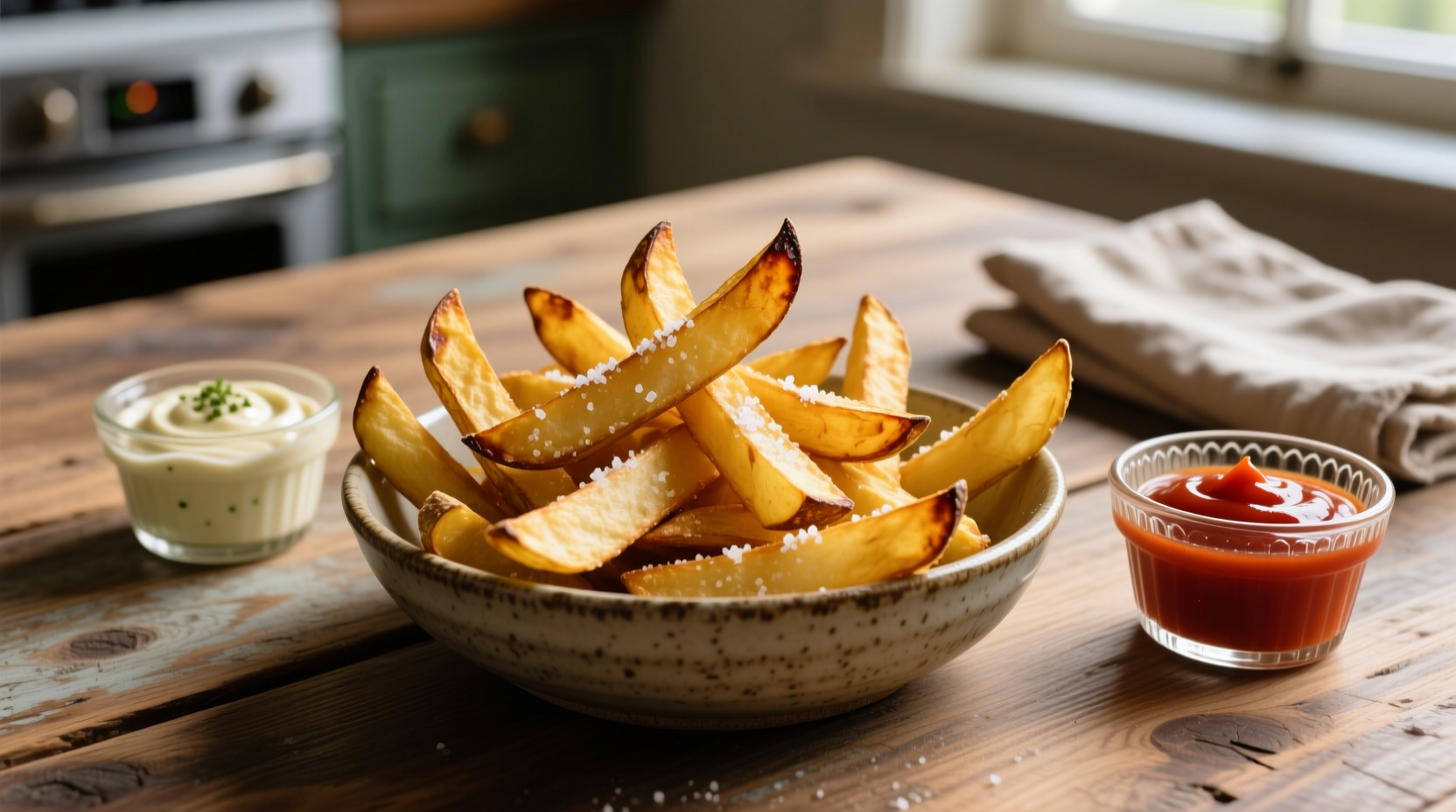 Hand-cut potato fries with dipping sauces