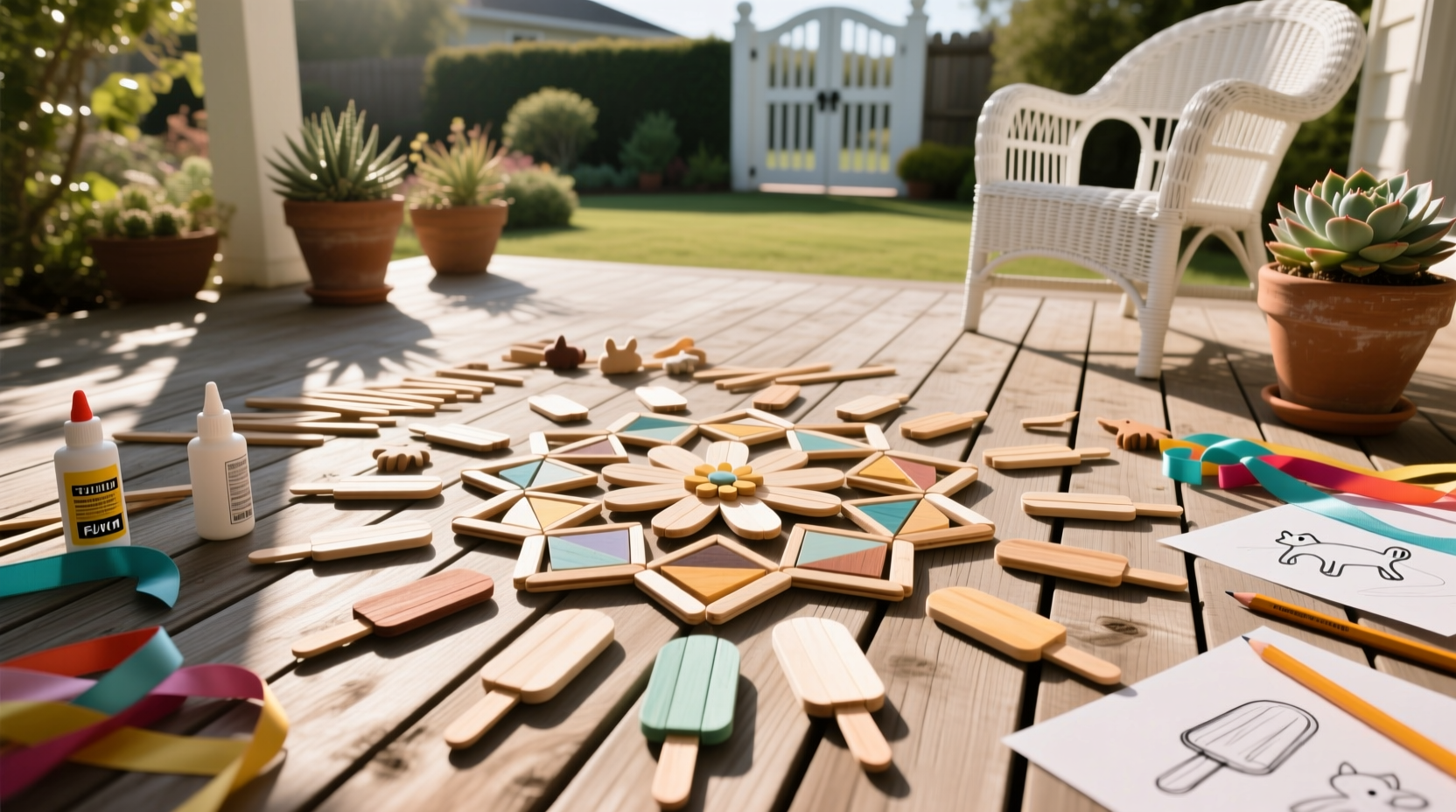 Ice pop stick crafts arranged on patio