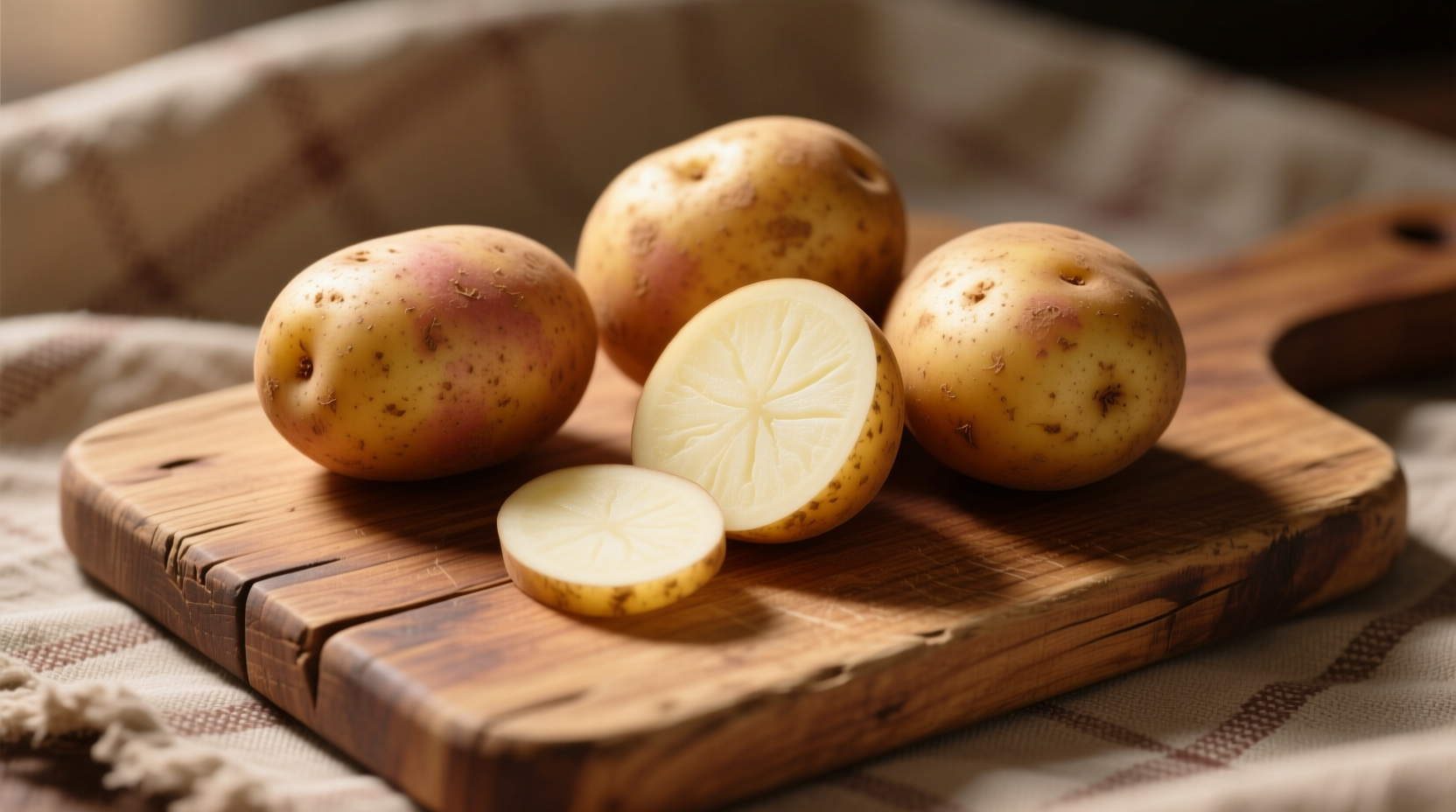 Russet potatoes on wooden cutting board