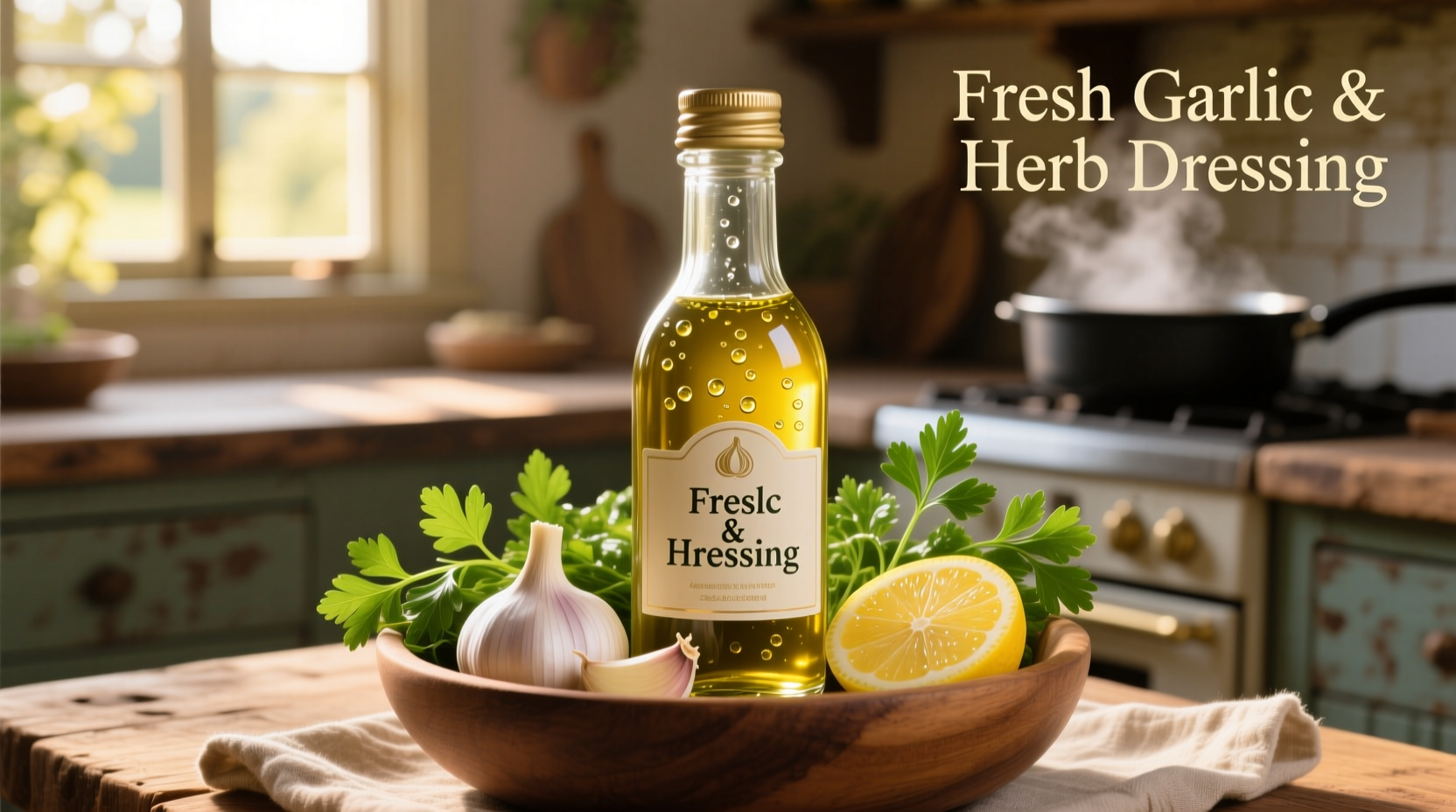 Bottle of garlic salad dressing with fresh ingredients