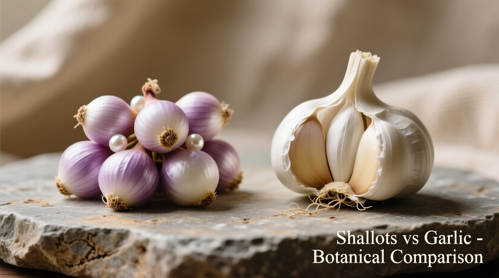 Shallots and garlic bulbs side by side comparison