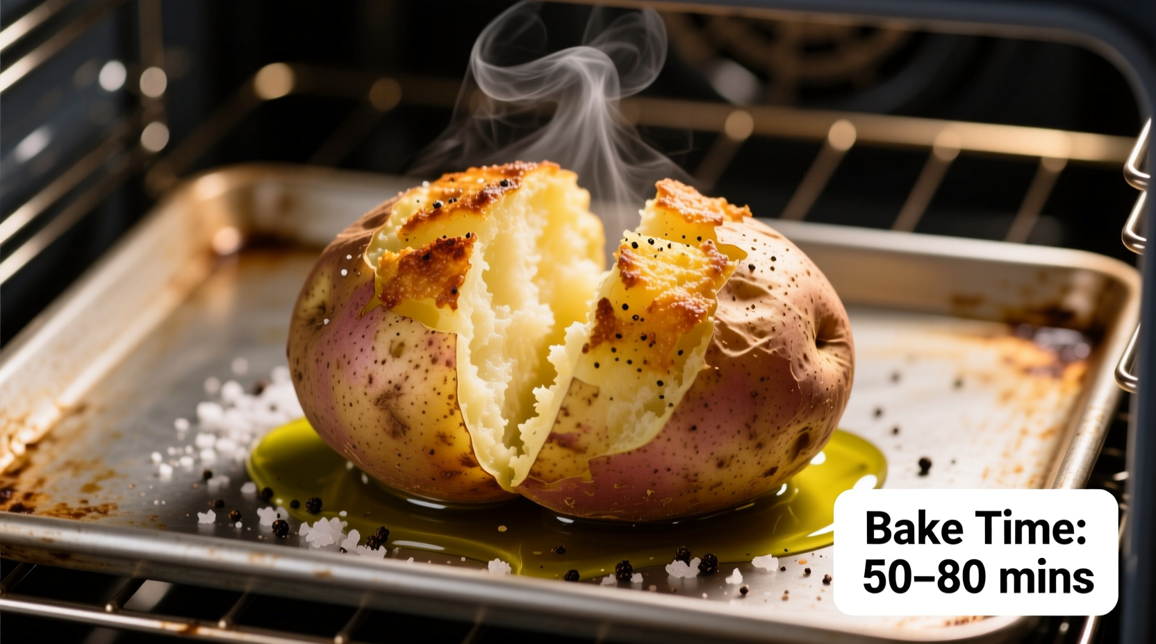 Russet potatoes of varying sizes on baking sheet