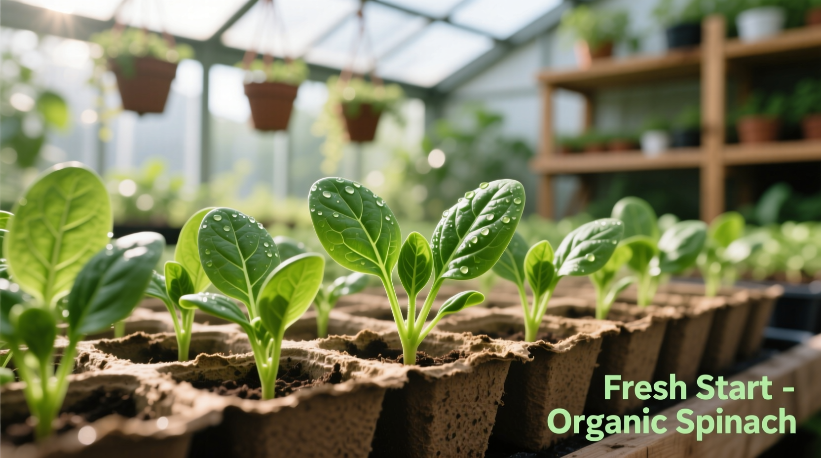 Healthy spinach seedlings in starter trays with vibrant green leaves