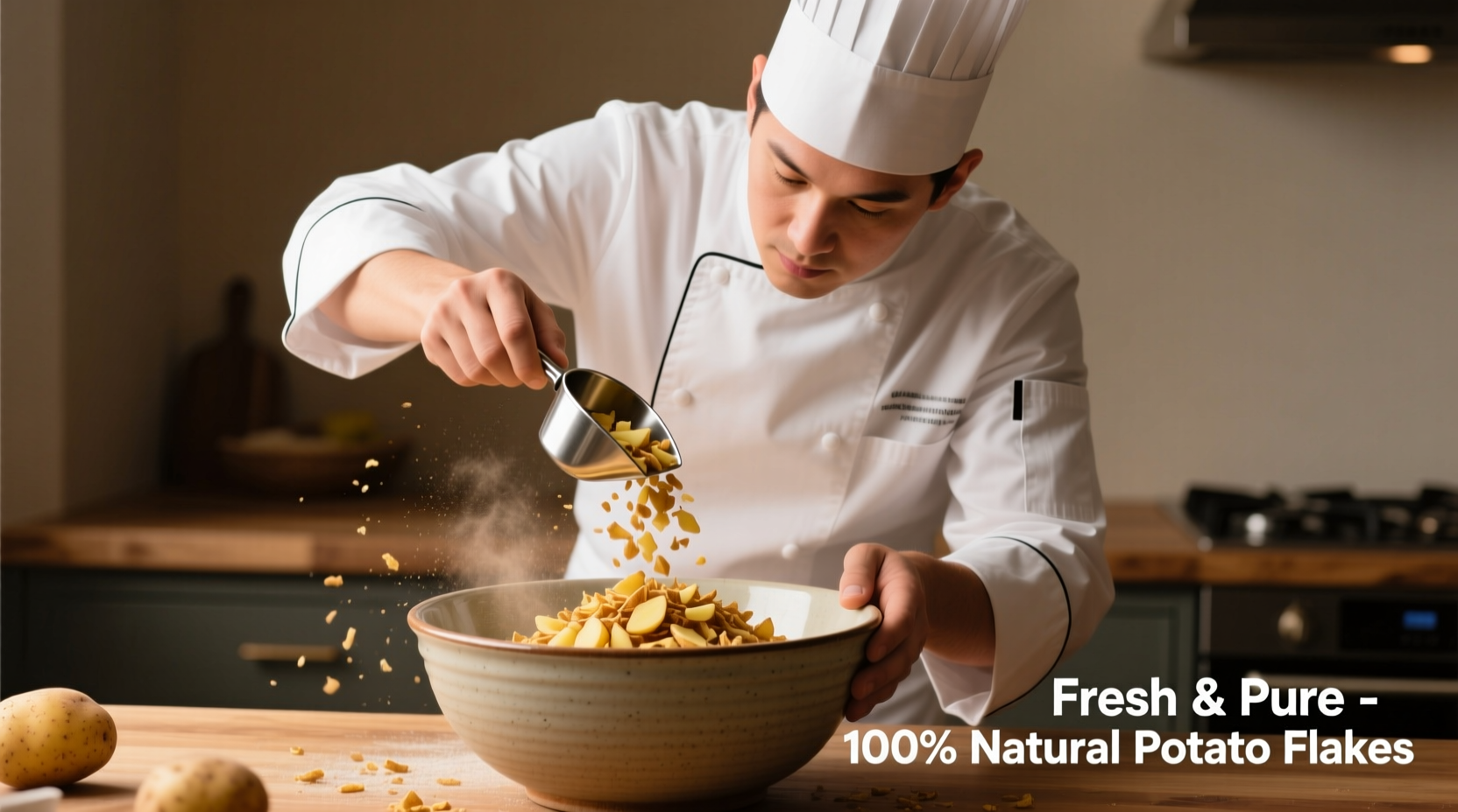 Chef measuring potato flakes into mixing bowl
