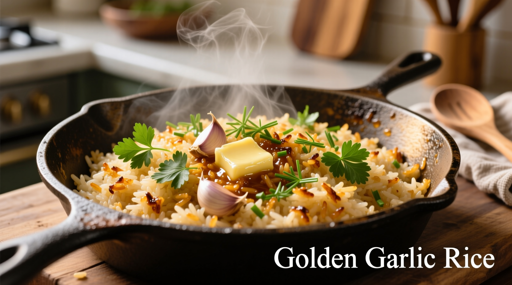 Golden garlic rice in cast iron skillet with fresh herbs