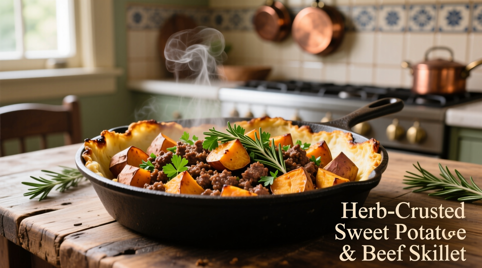 Sweet potato and ground beef skillet with fresh herbs