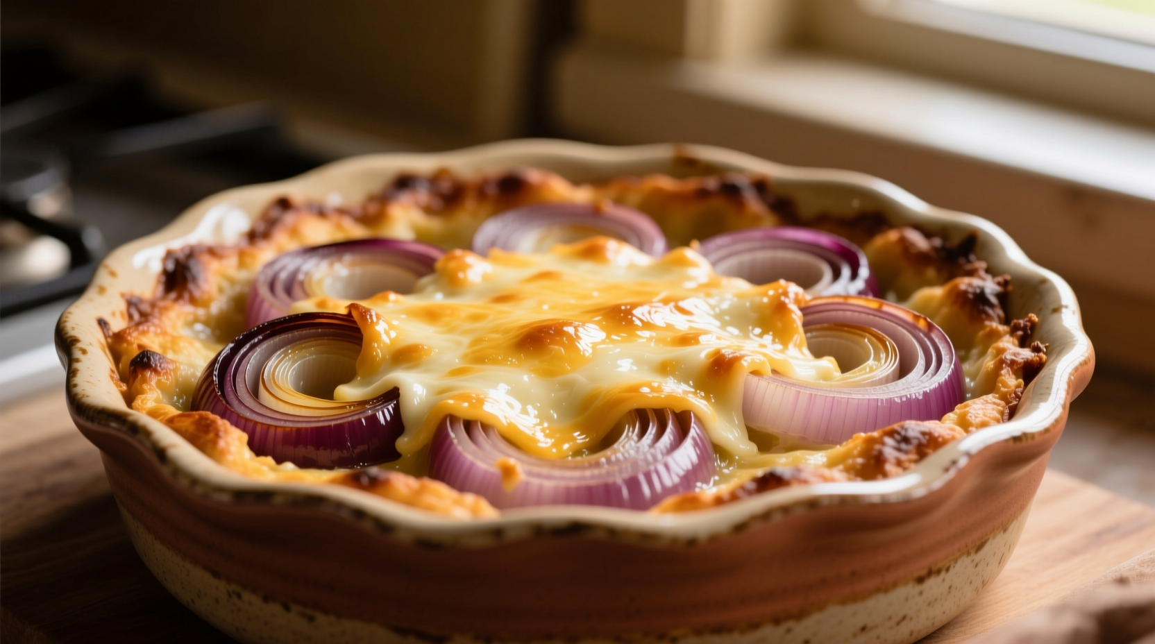 Golden brown onion bake in ceramic dish with melted cheese topping