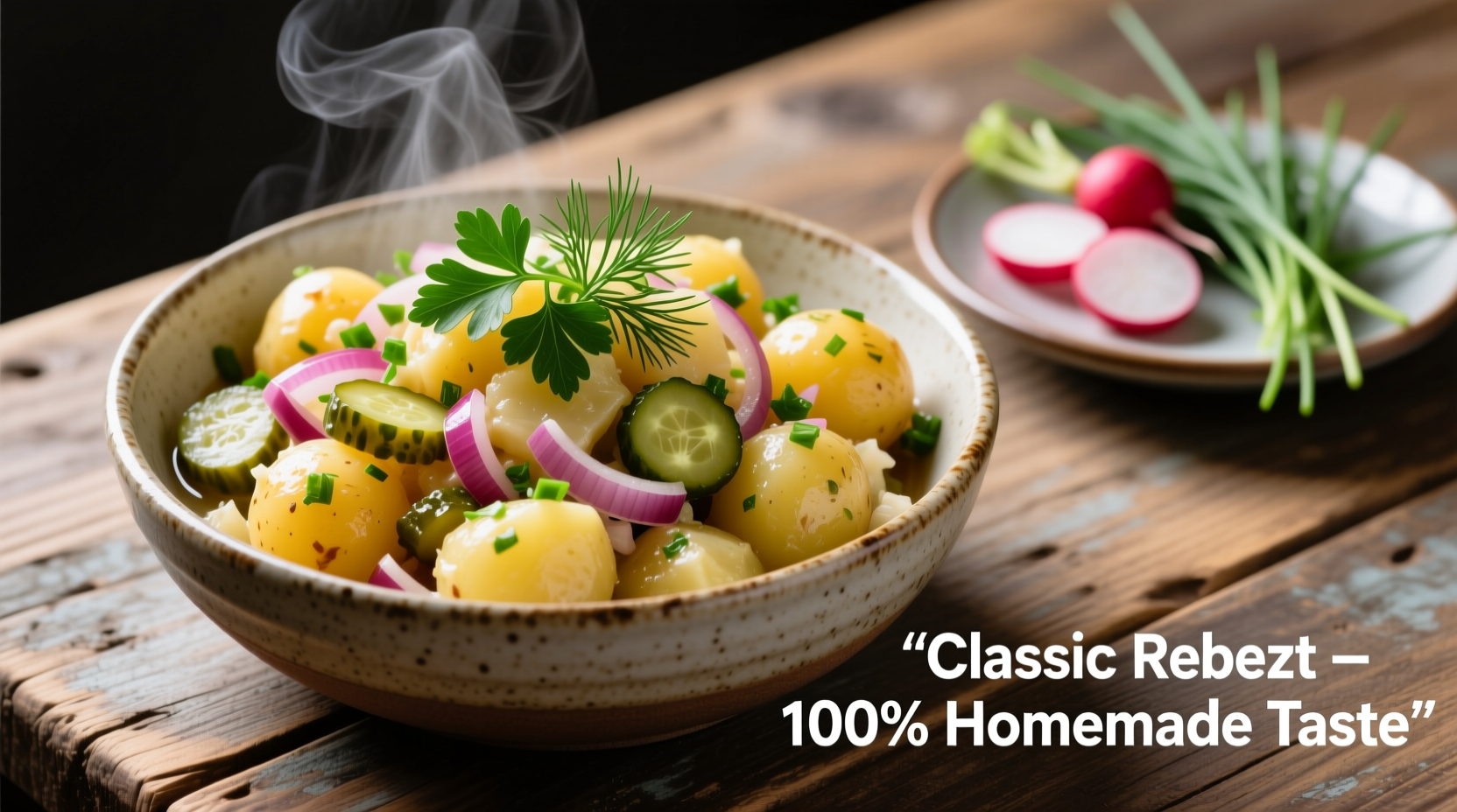 Canned German potato salad with fresh garnishes