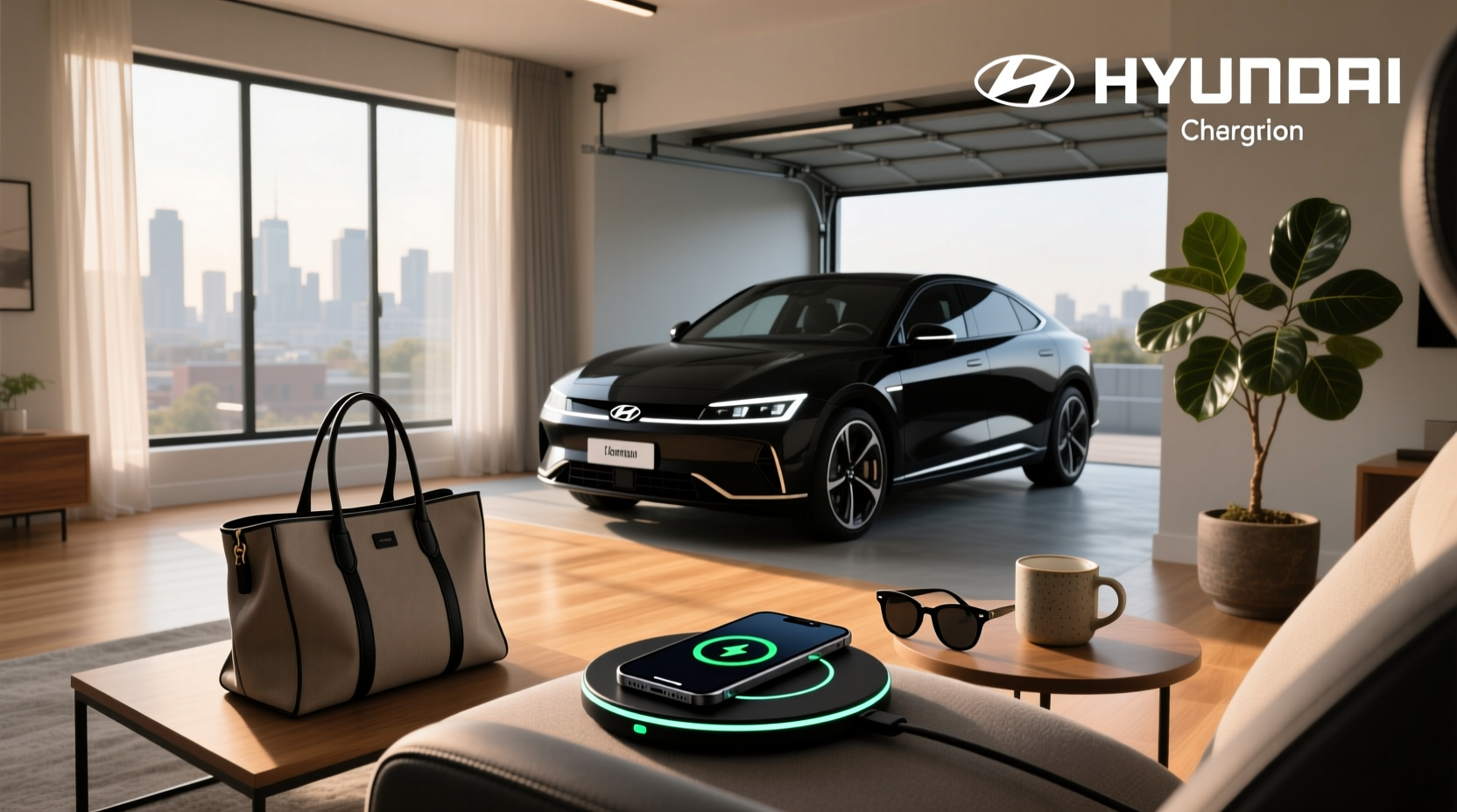 Close-up view of a Hyundai wireless charging pad inside the center console