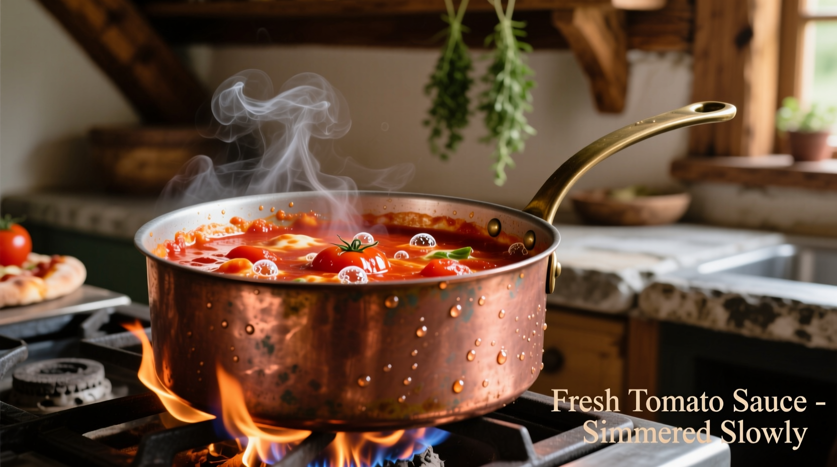 Fresh tomato pizza sauce simmering in copper pot