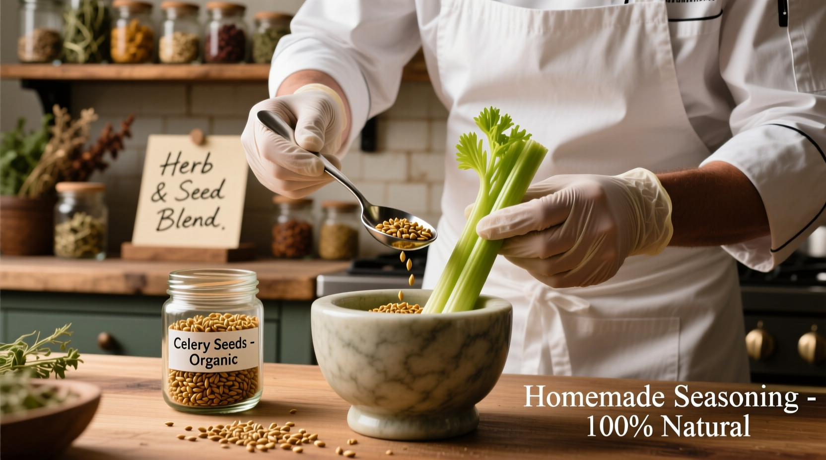 Chef measuring celery seeds for homemade seasoning blend