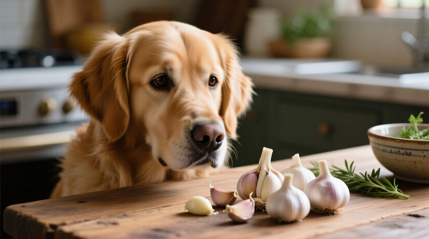 Dog looking concerned near garlic cloves