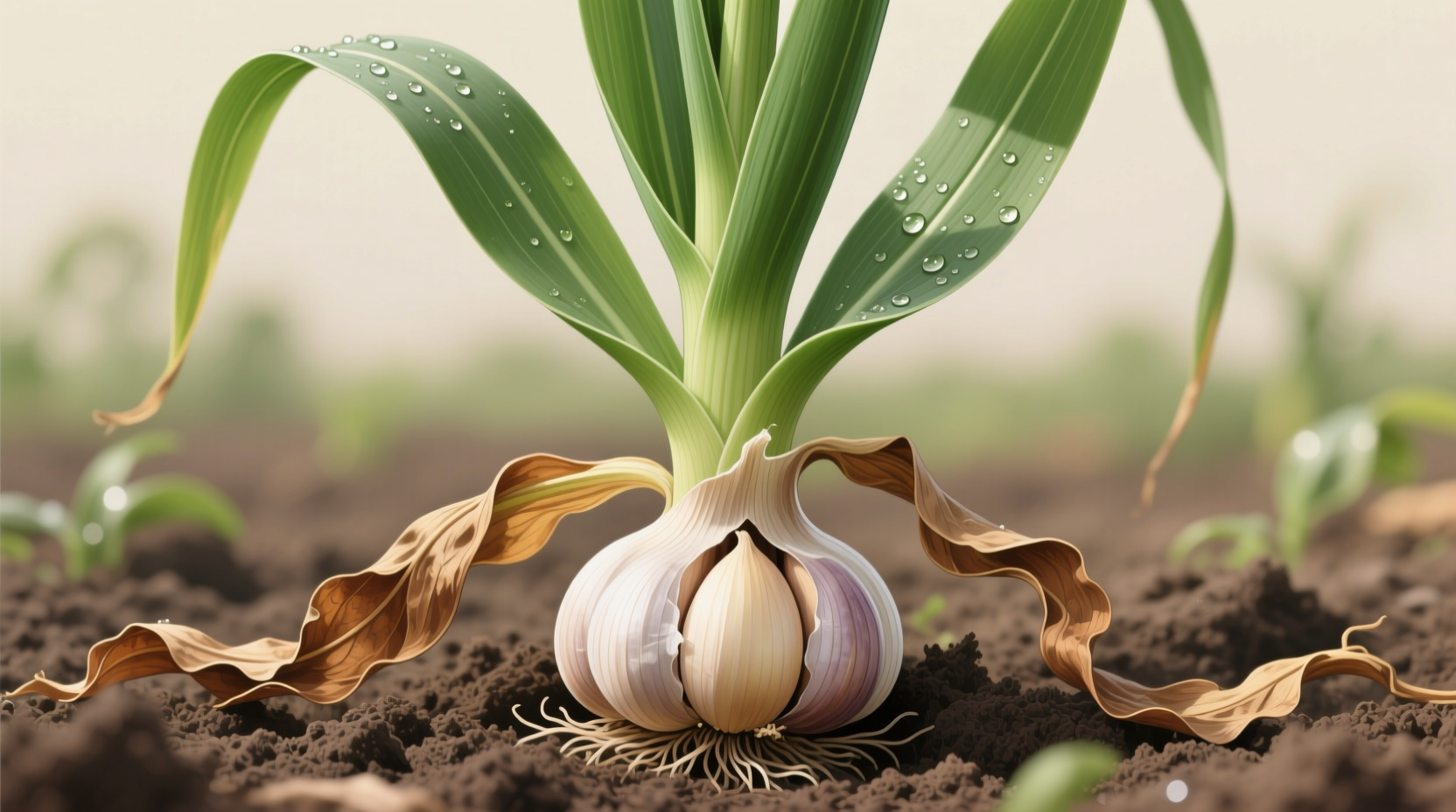 Mature garlic plant showing brown lower leaves and green top foliage
