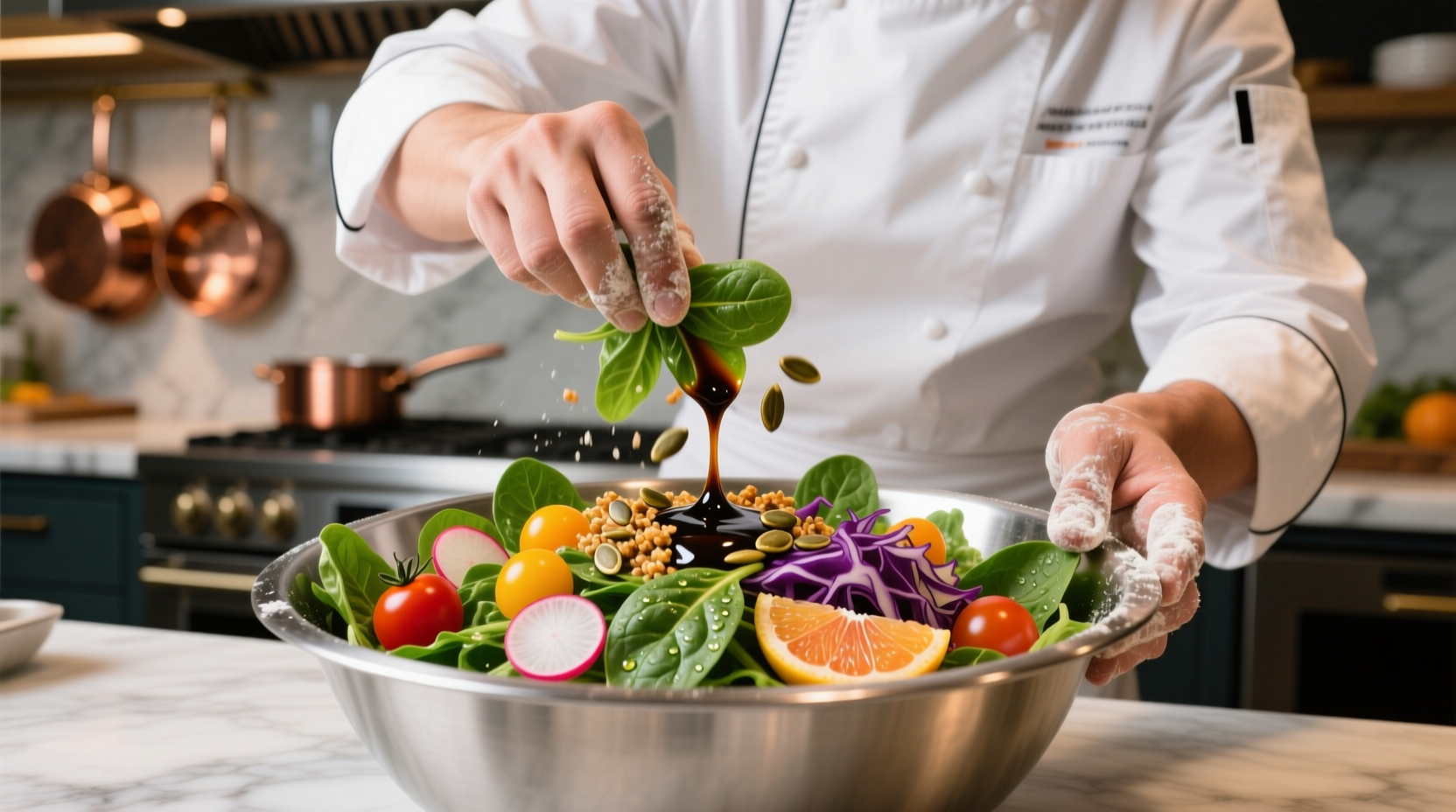 Chef preparing vibrant baby spinach salad with colorful toppings